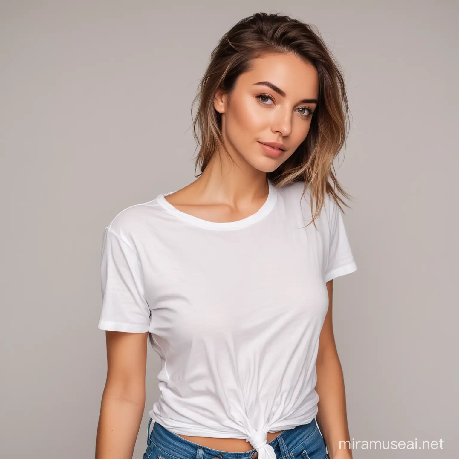 Beautiful woman in white tshirt knotted