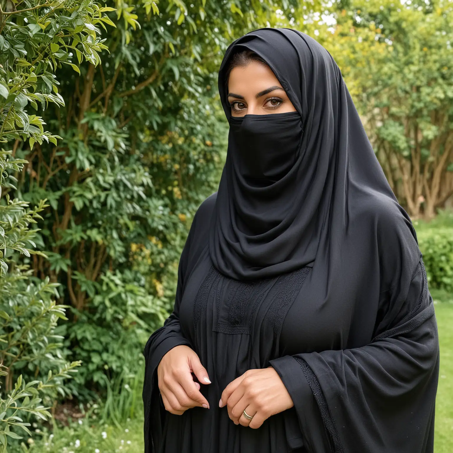 sexy slim 40 year old iranian woman with huge 40F breasts, in a loose burqa with niqab, with beautiful free flowing brown hair, full size, in a garden. Not showing her hands
