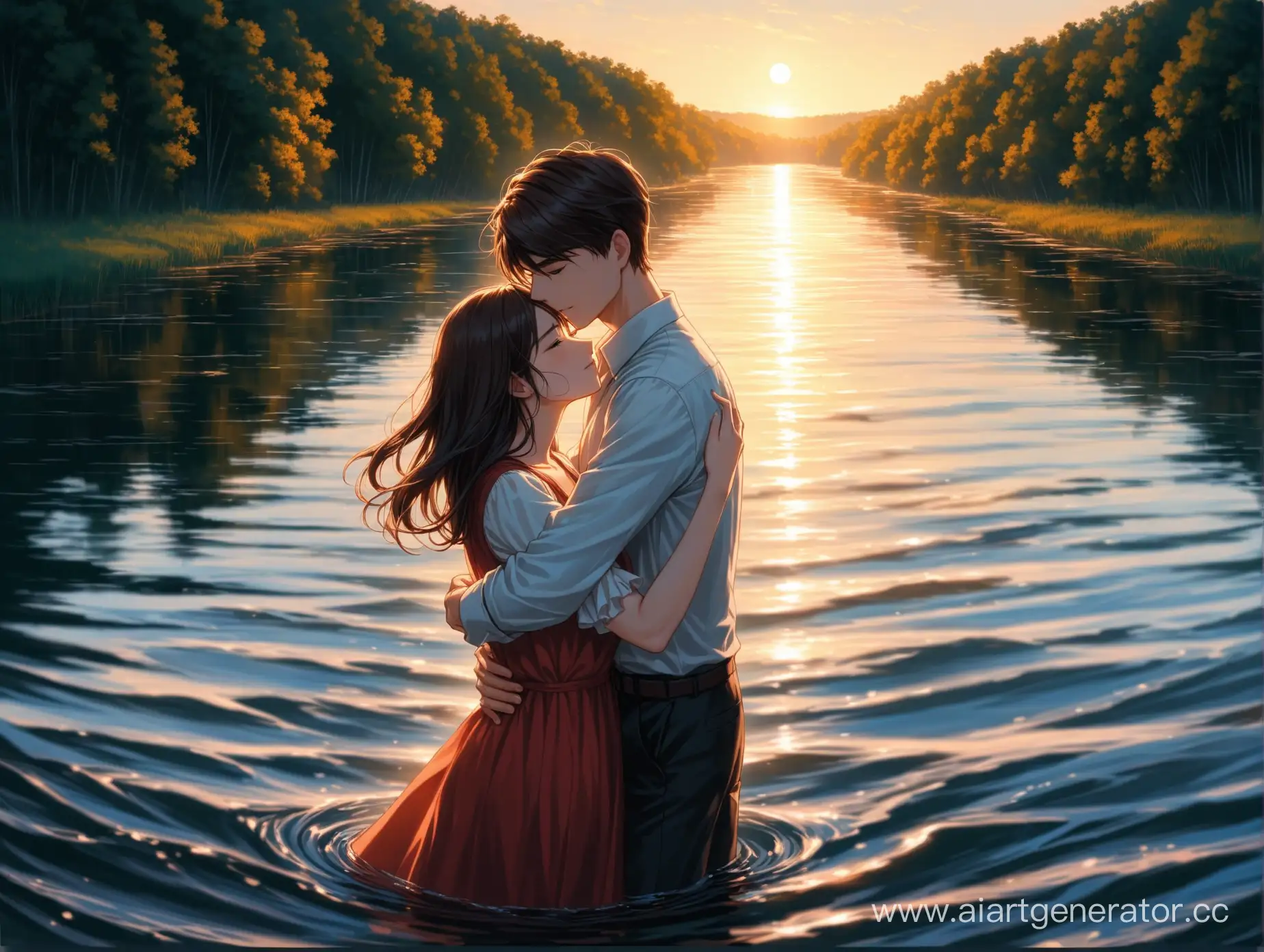 мальчик держит свою любимую девушку над черной рекой