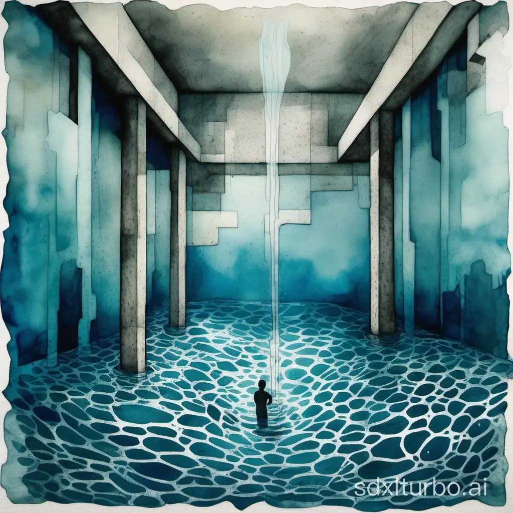 Abstractionism, pool of water with abstract borders delineated by concrete walls submerged under water, immersed in the depths of the blue, looking up towards the surface, an encounter with a large fish, an epiphany, the search for enlightenment amidst the solitude and silence of the underworld, Illustration, Watercolor and concrete textures to emphasize the abstract borders and the depth of the water, inspired by the artwork of Sorantes, Rockwell, and Heathcote, to be executed at 8k resolution.