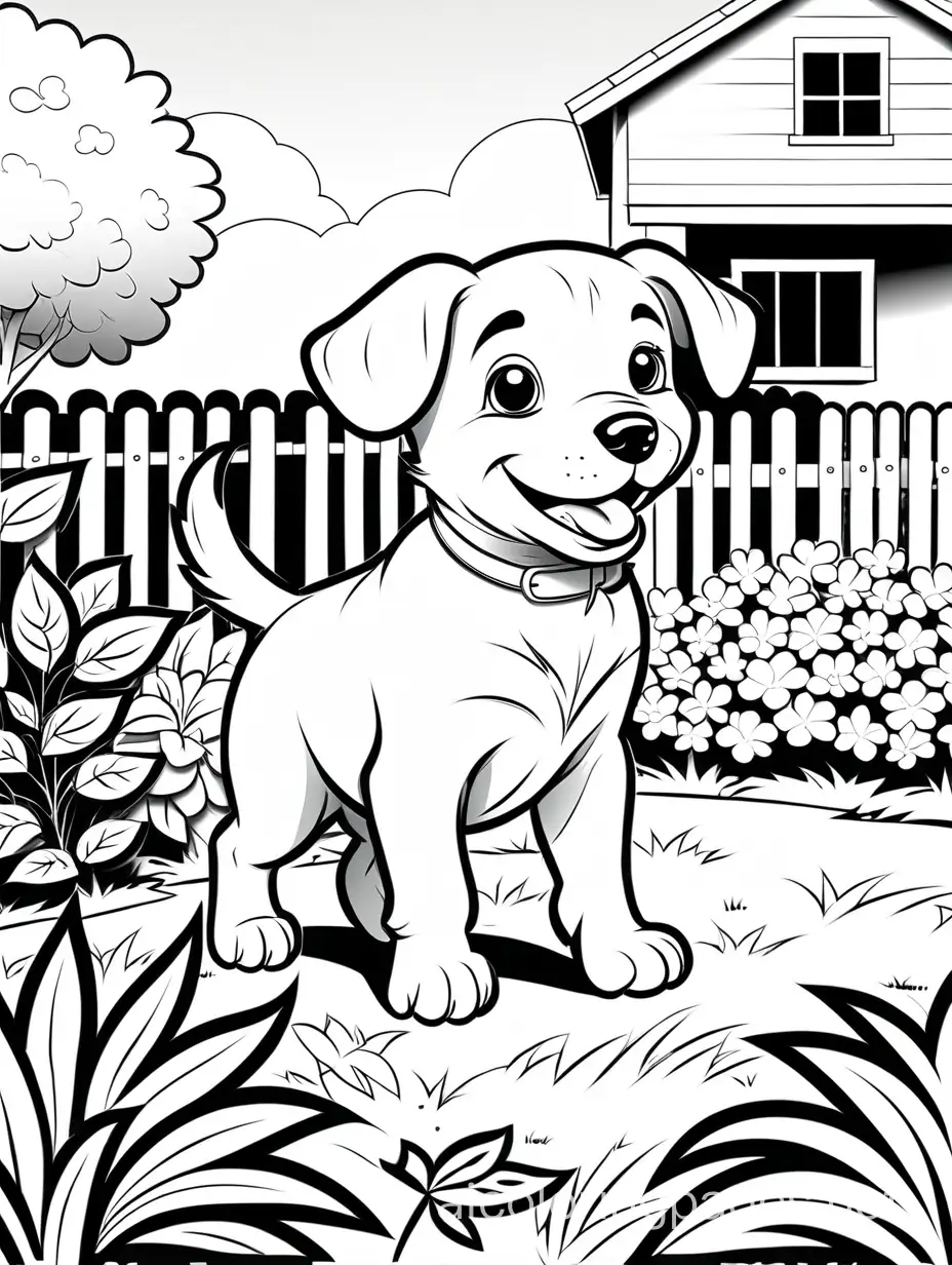 a happy puppy playing in a yard with a little girl, Coloring Page, black and white, line art, white background, Simplicity, Ample White Space. The background of the coloring page is plain white to make it easy for young children to color within the lines. The outlines of all the subjects are easy to distinguish, making it simple for kids to color without too much difficulty