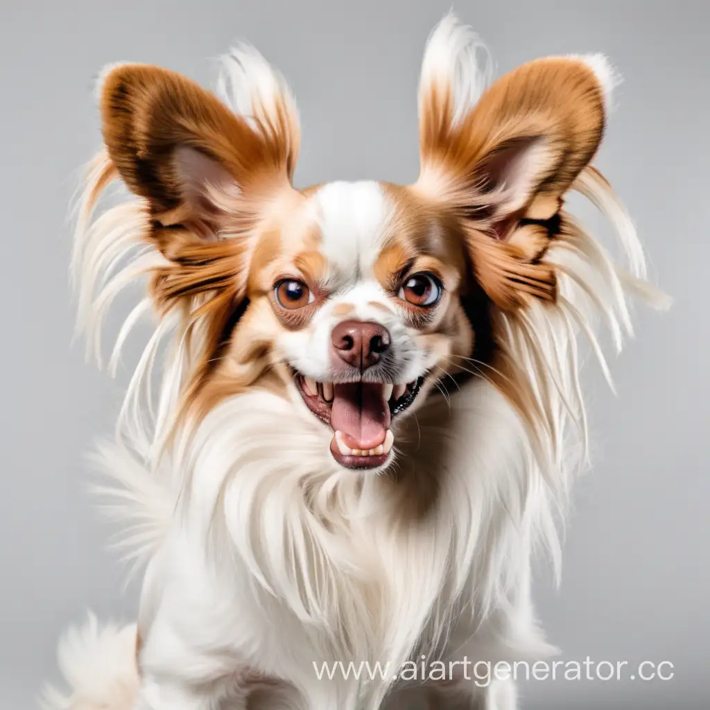 angry white papillion dog with light brown ears and sharp teeth
