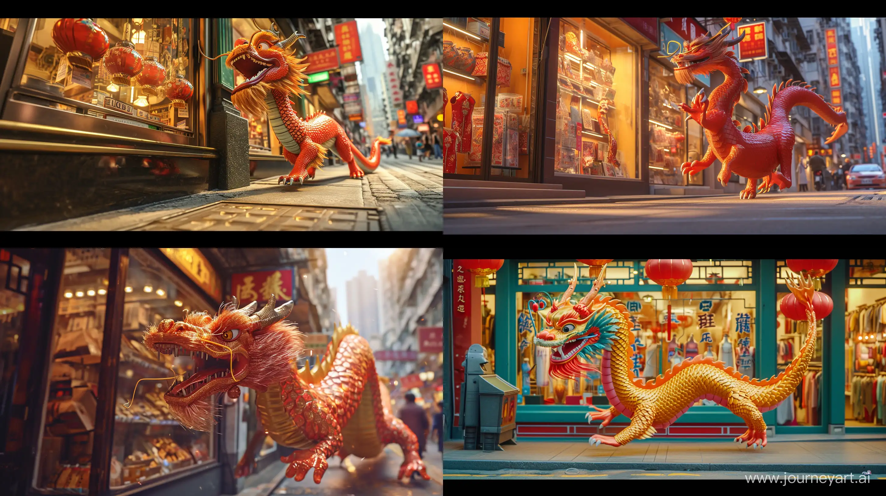 A Chinese dragon, confidently passing by the shop windows on a busy Hong Kong street, pixar style --ar 16:9 --v 6.0