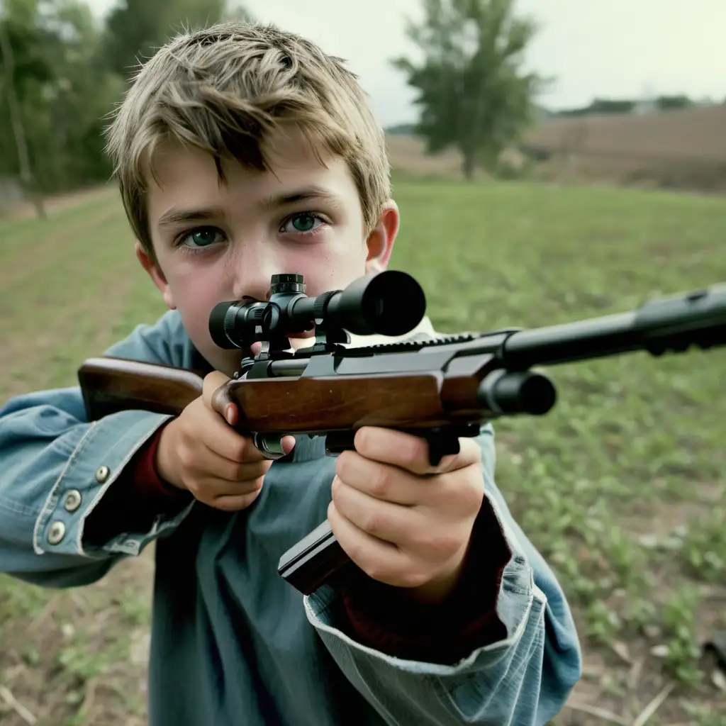 Rural Boy Aiming Rifle at Camera in Intense LowAngle Shot