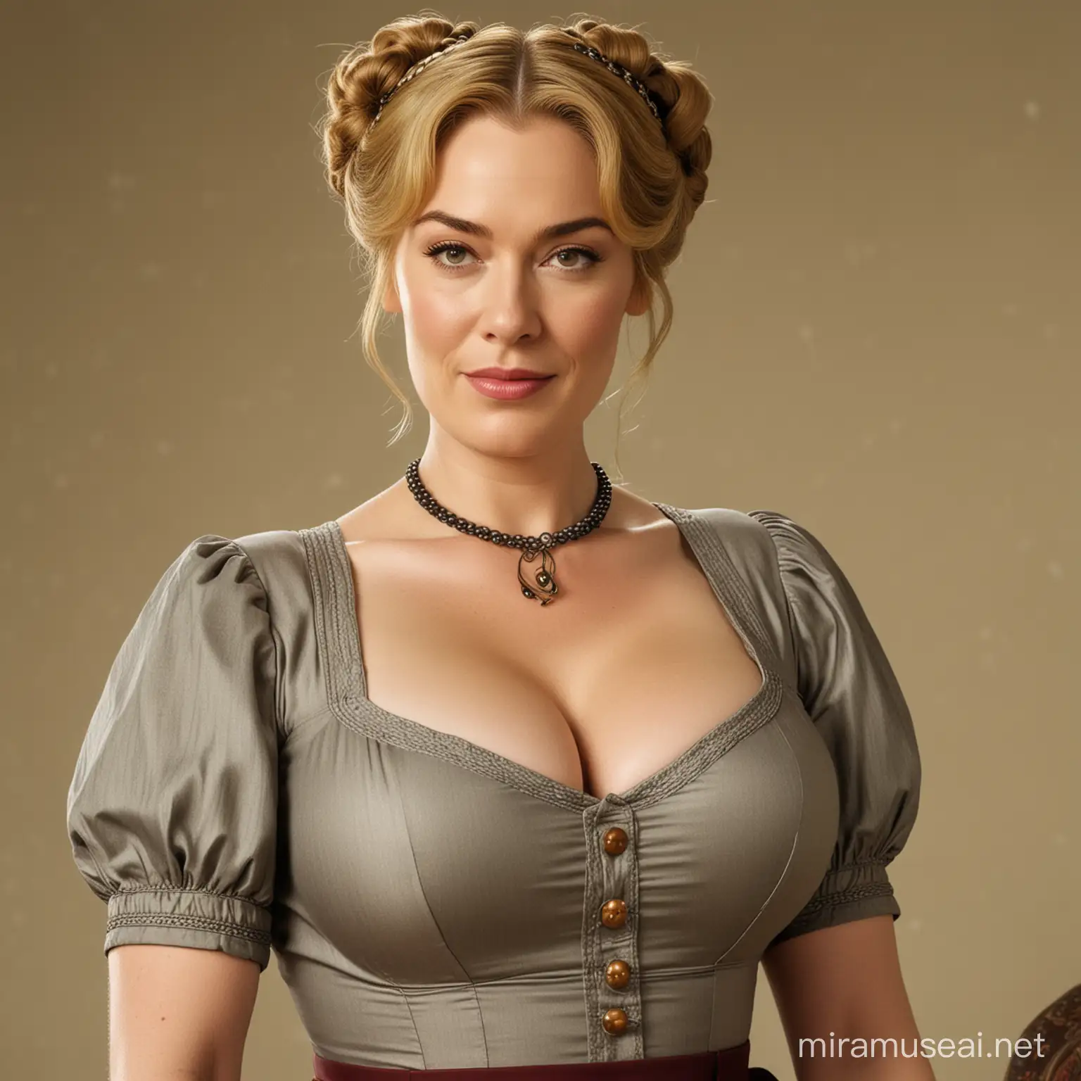 cersei lannister dressed as a 1940s housewife in pigtails, bbw, giant breast, massive cleavage