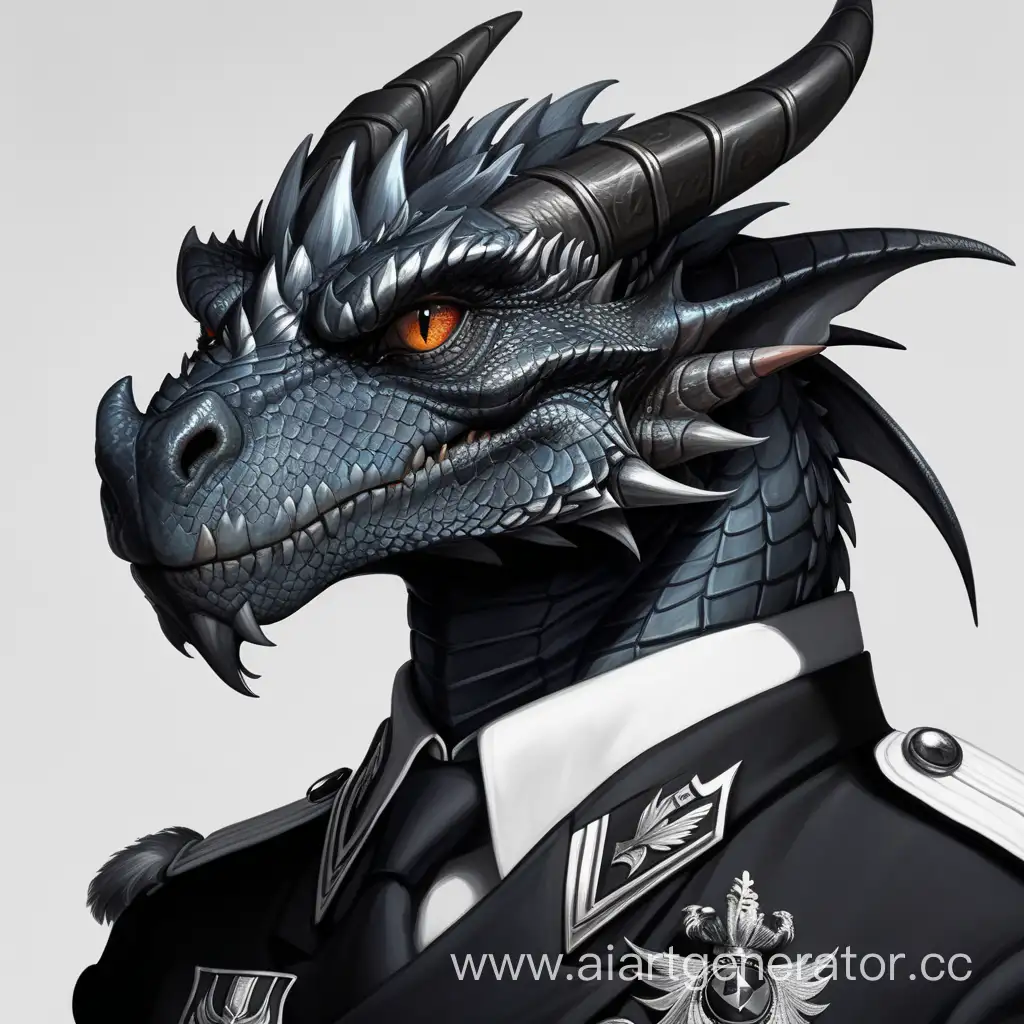 Зрелый дракон, черная чешуя, хитрый взгляд, легкая ухмылка, высокомерный, жестокий, в офицерской форме SS, имеет четыре глаза, шрам на глазу.