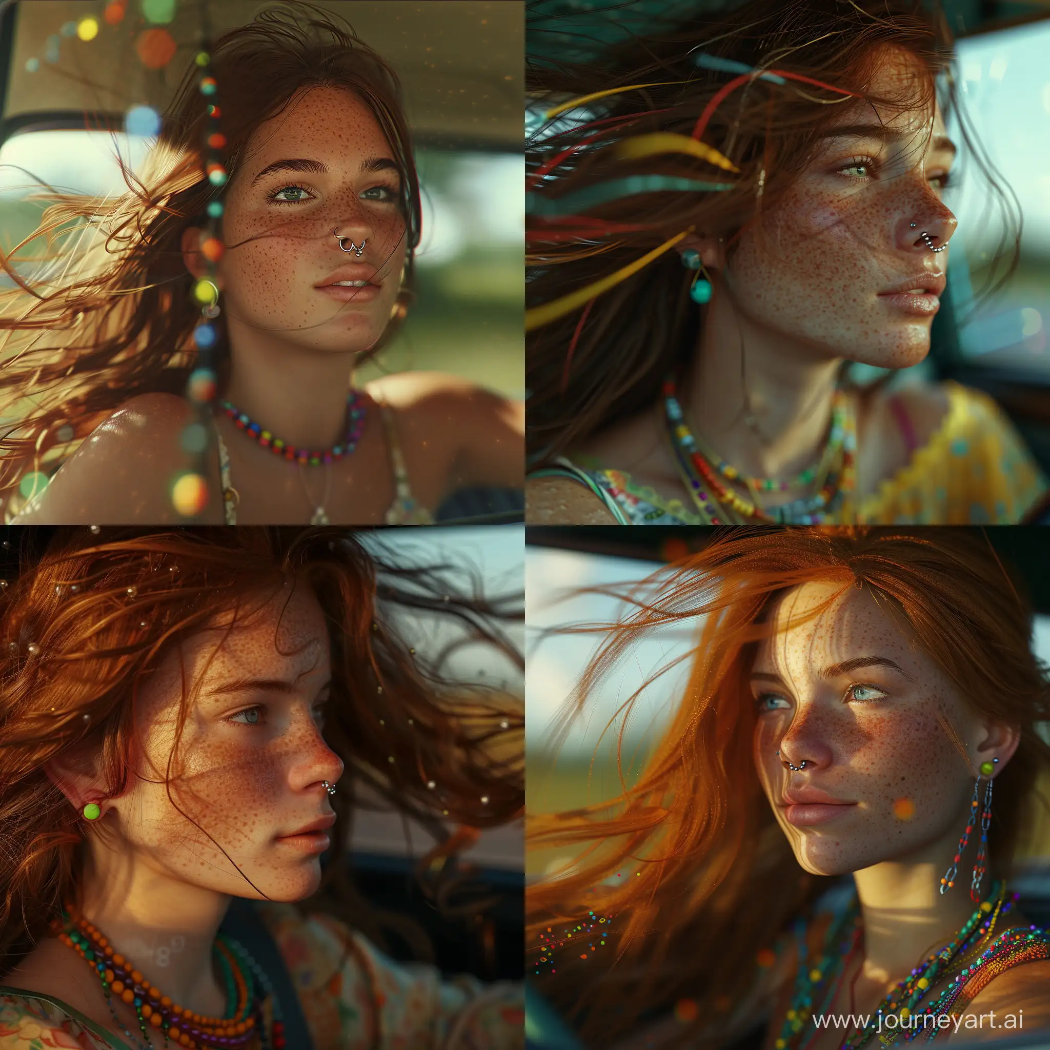 realistic a hippie  girl driving the car,  freckles, informal hair blowing in the wind, nose piercing, colored beads, hyperdetailed photography, soft light, small dot earring, summer time, telephoto lens, bokeh, atmospheric, hyper realistic, 8k, cinematic,