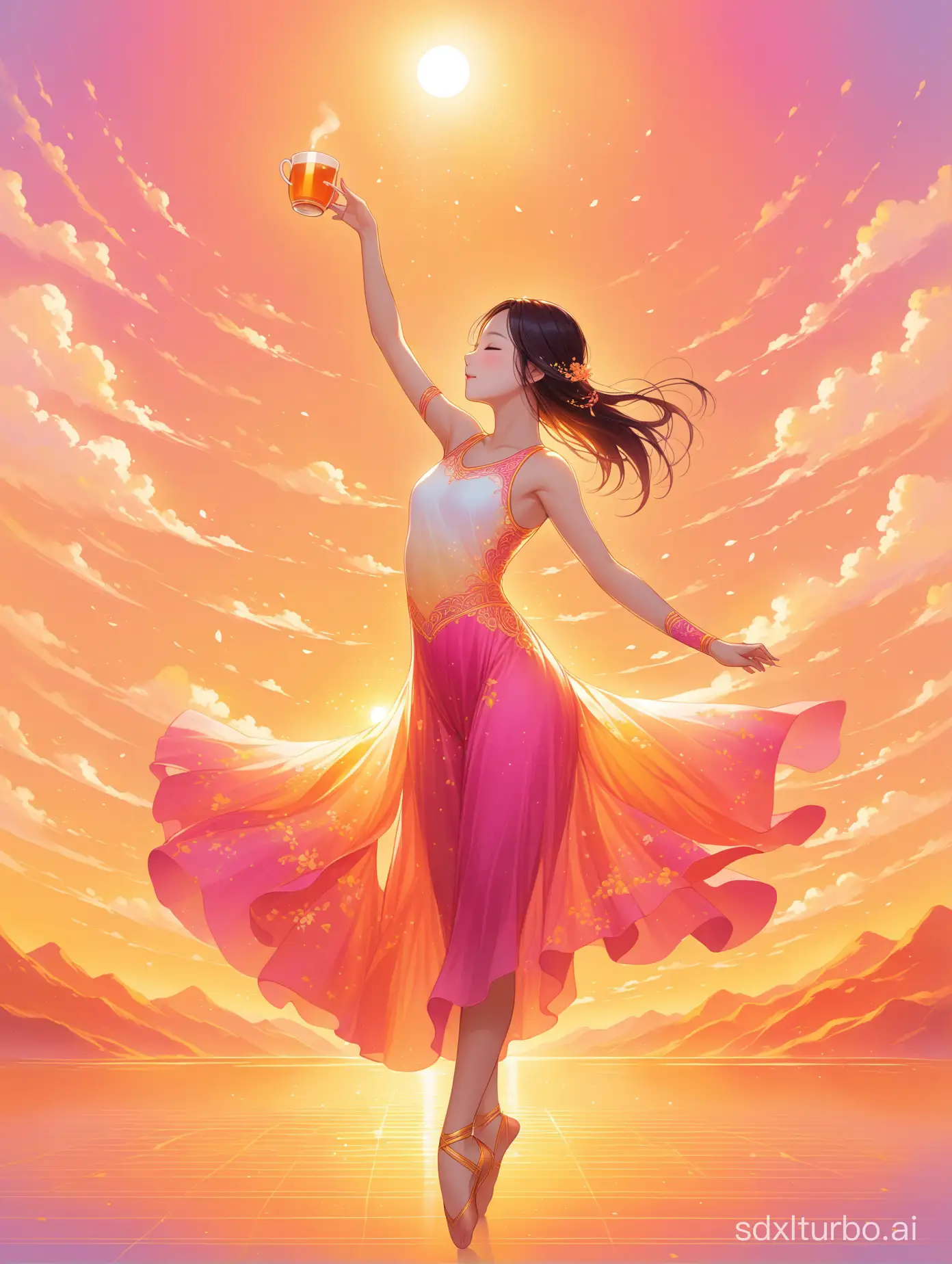 Dancer in the Dawn - The cover features a young Chinese girl dancing gracefully in the first light of the morning sun. She is dressed in a light, flowing dance attire, holding a cup of freshly brewed tea, with a face full of anticipation and vitality for the new day. The background is a warm gradient of orange and pink, creating an atmosphere of hope and vibrancy.