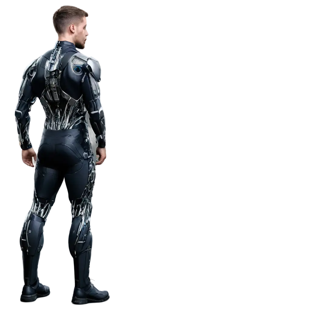 A cyborg man stands with his back to a high-tech wire