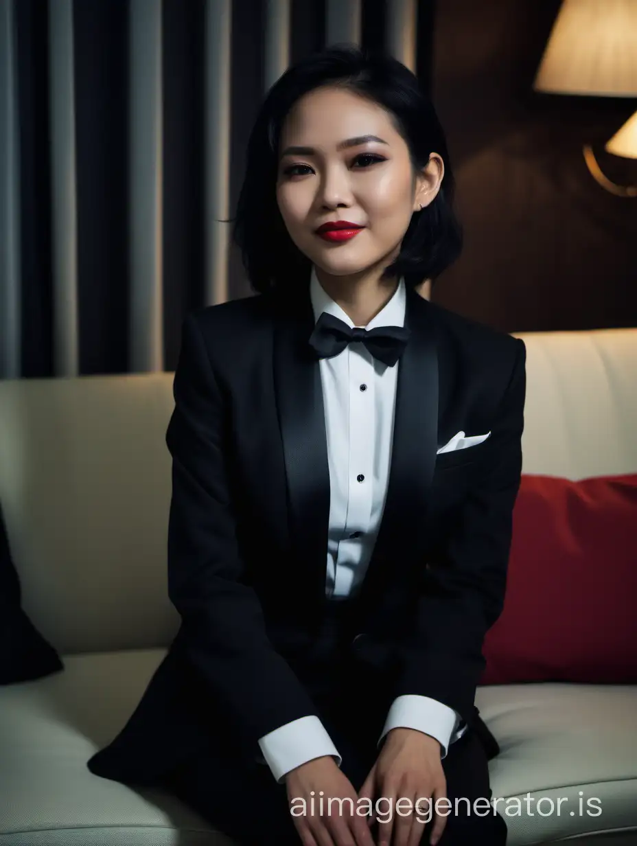 A Vietnamese woman with shoulder-length hair and lipstick is sitting on a couch in a dimly lit room. She is facing forward, looking at the viewer. She is clasping her hands. She is wearing a tuxedo. Her jacket is black and open. Her pants are black. Her bowtie is black. Her shirt is white with a wing collar and cufflinks. She is smiling and laughing.
