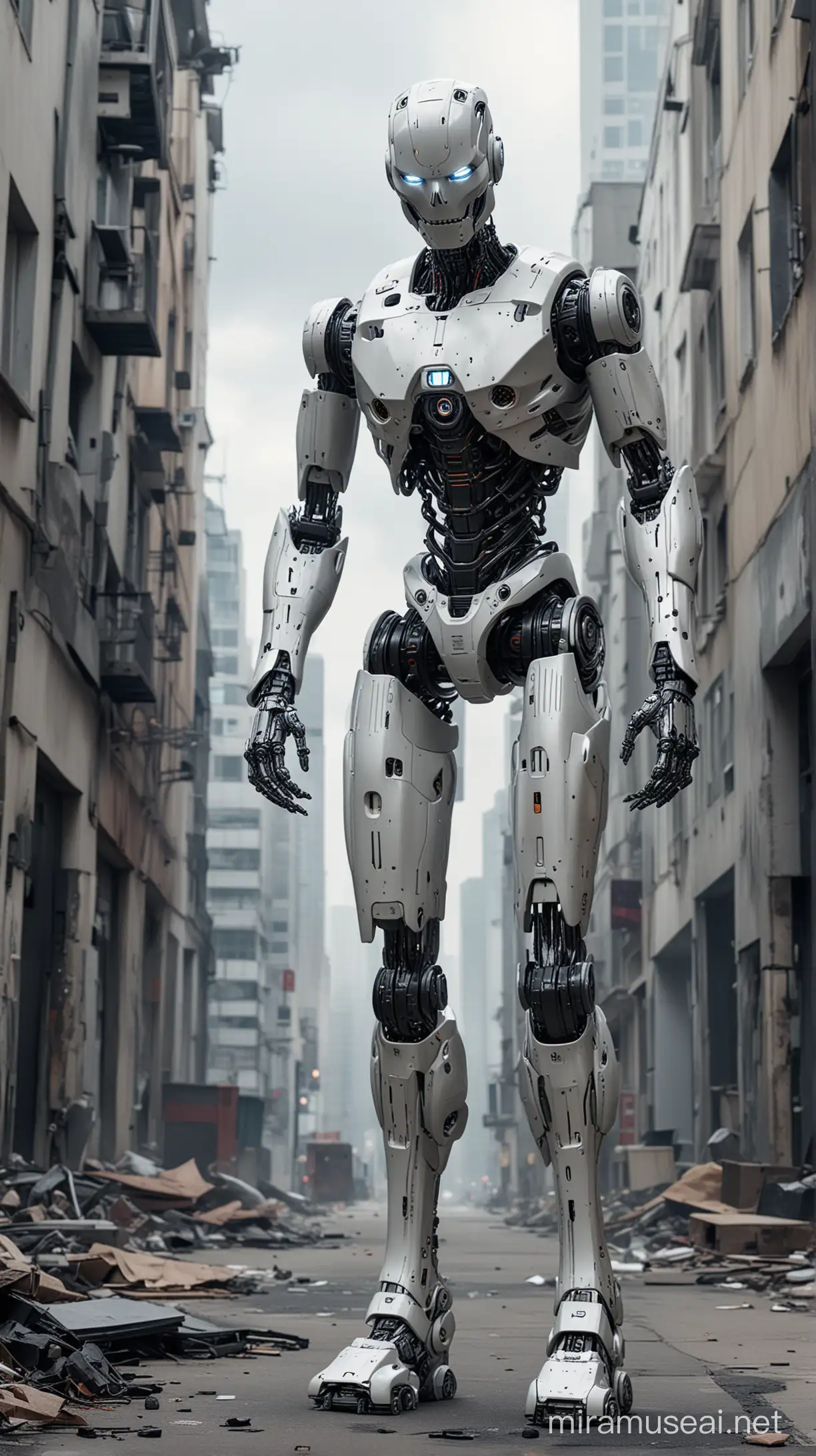 AI robot, standing over different buildings, make the Ai robot have an demonic appearance, give the ai robot a evil smile, make the Ai robot 50 feet tall