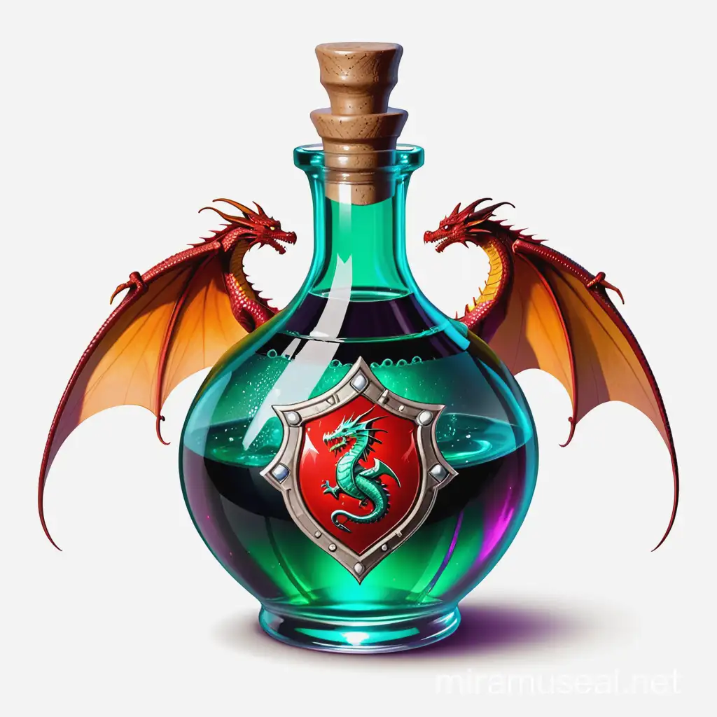 D&D magic potion with a dragon emblem on it, no background
