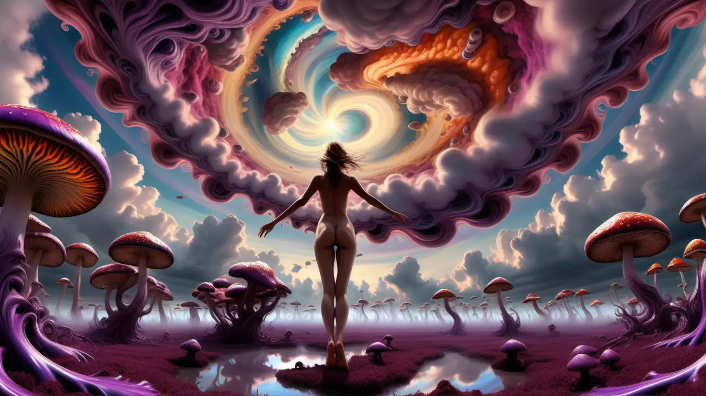 Ethereal Vision Nude Woman Amidst Psychedelic Sky and Fractal Mushrooms