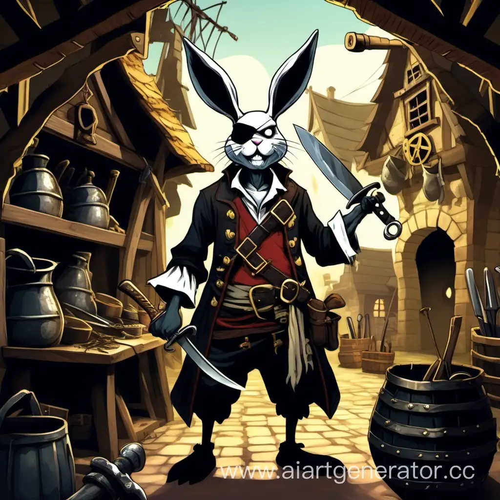 хмурый заяц в костюме деревенского 
 кузнеца. На левом глазу черная пиратская повязка. На фоне оружейная лавка.