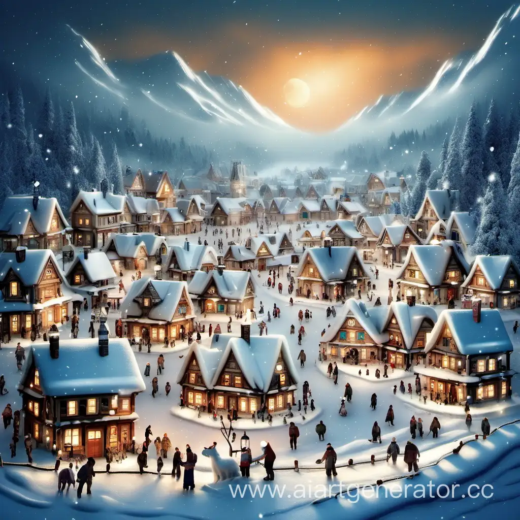 Charming-Winter-Village-Scene-with-SnowCovered-Cottages-and-Cheerful-Townsfolk