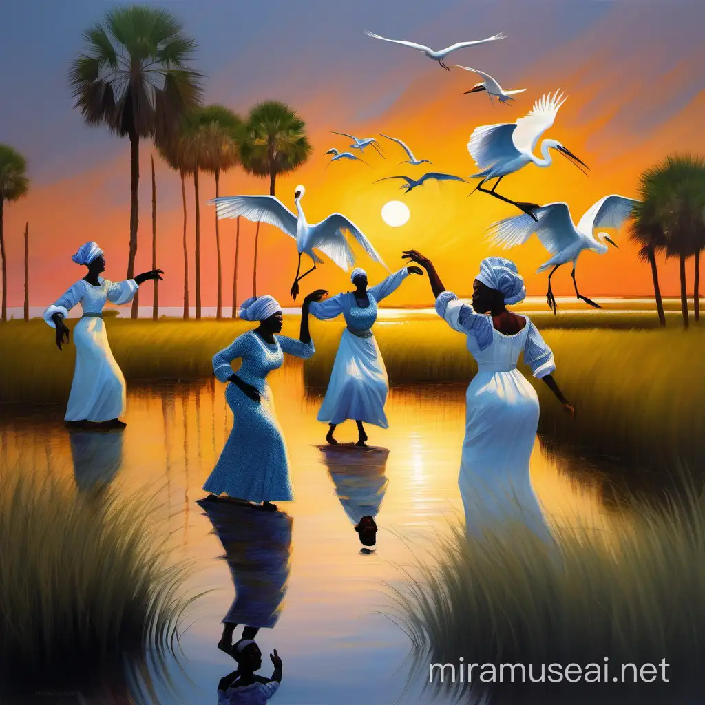 impressionistic Gullah people in traditional clothing dancing at dawn with egrets in a sea marsh.
