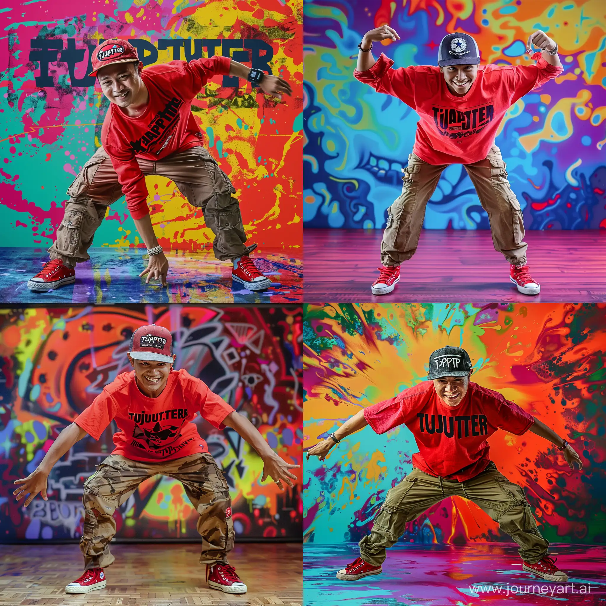 A handsome Indonesian young man is realistically breakdancing, smiling facing forward, wearing a snapback cap with the inscription 'tjaptjuter', a slightly wide red shirt with the inscription 'tjaptjuter' in black, long cargo pants above the ankles, red Converse shoes, doing a breakdance handstand move, with a colorful background. 