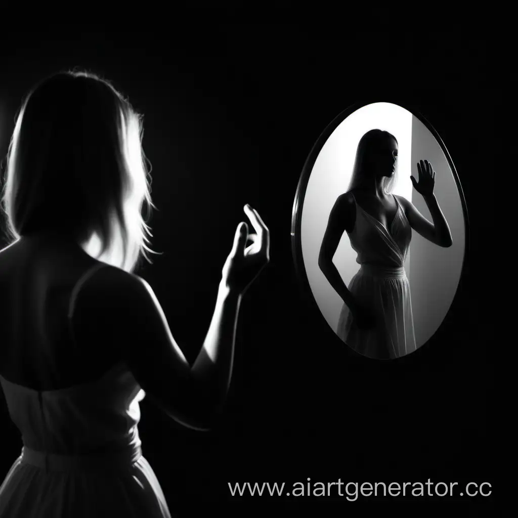 фото чёрно белое, прекрасная женщина 35 year силуэт до пояса на тёмном фоне, смотрит в зеркало, дотрагивается до него правой рукой, отражение в зеркале эта же женщина цветное изображение рука протянутая на встречу, профессиональное фото высокая детализация, 4k