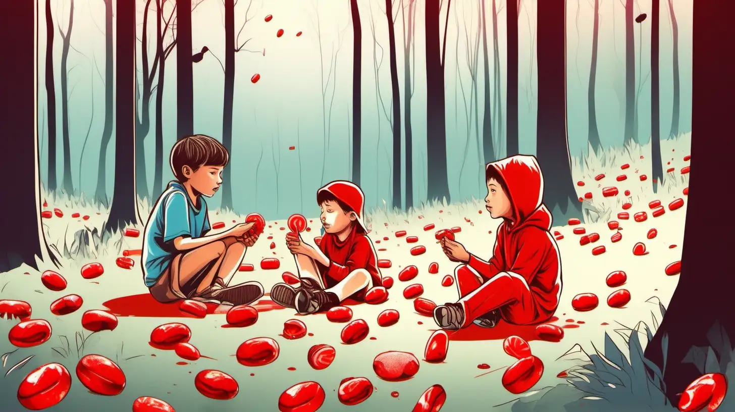 Children Enjoying Red Candy Snacks in Forest Setting