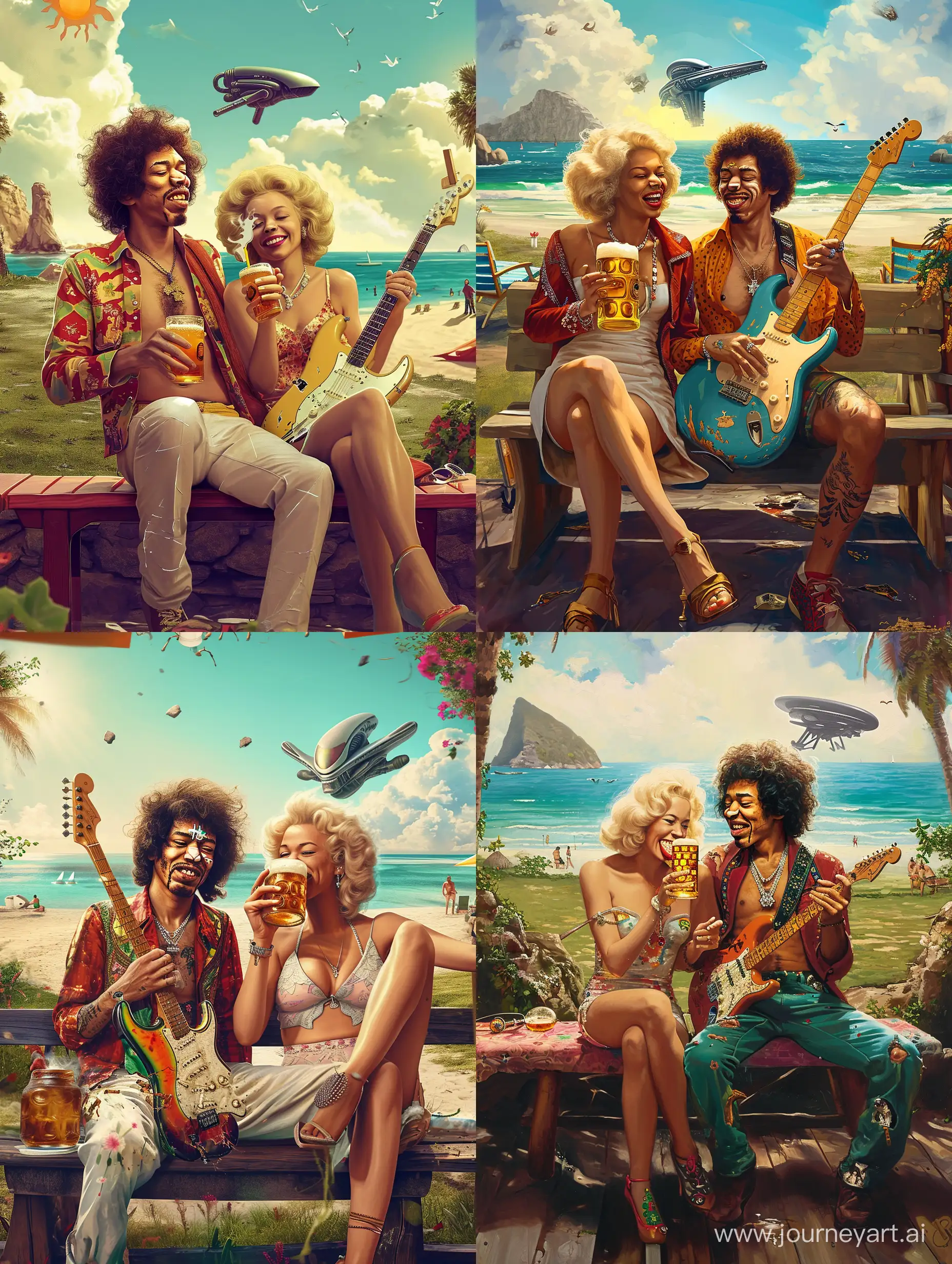Jimi Hendrix with Marilyn Monroe  sitting on a bench drinking beer together, sunshine, colorful, smiling, sea on a background, beach bar, realistic,  love, alien ship on a background , broken fender Stratocaster, 