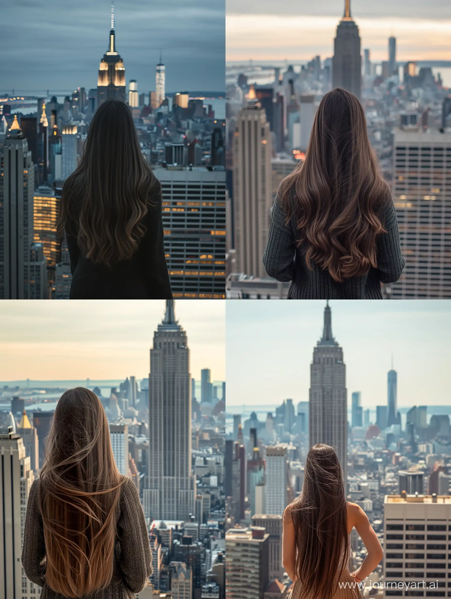 девушка брюнетка с длинными волосами стоит спиной на Эмпаер стэйт билдинг