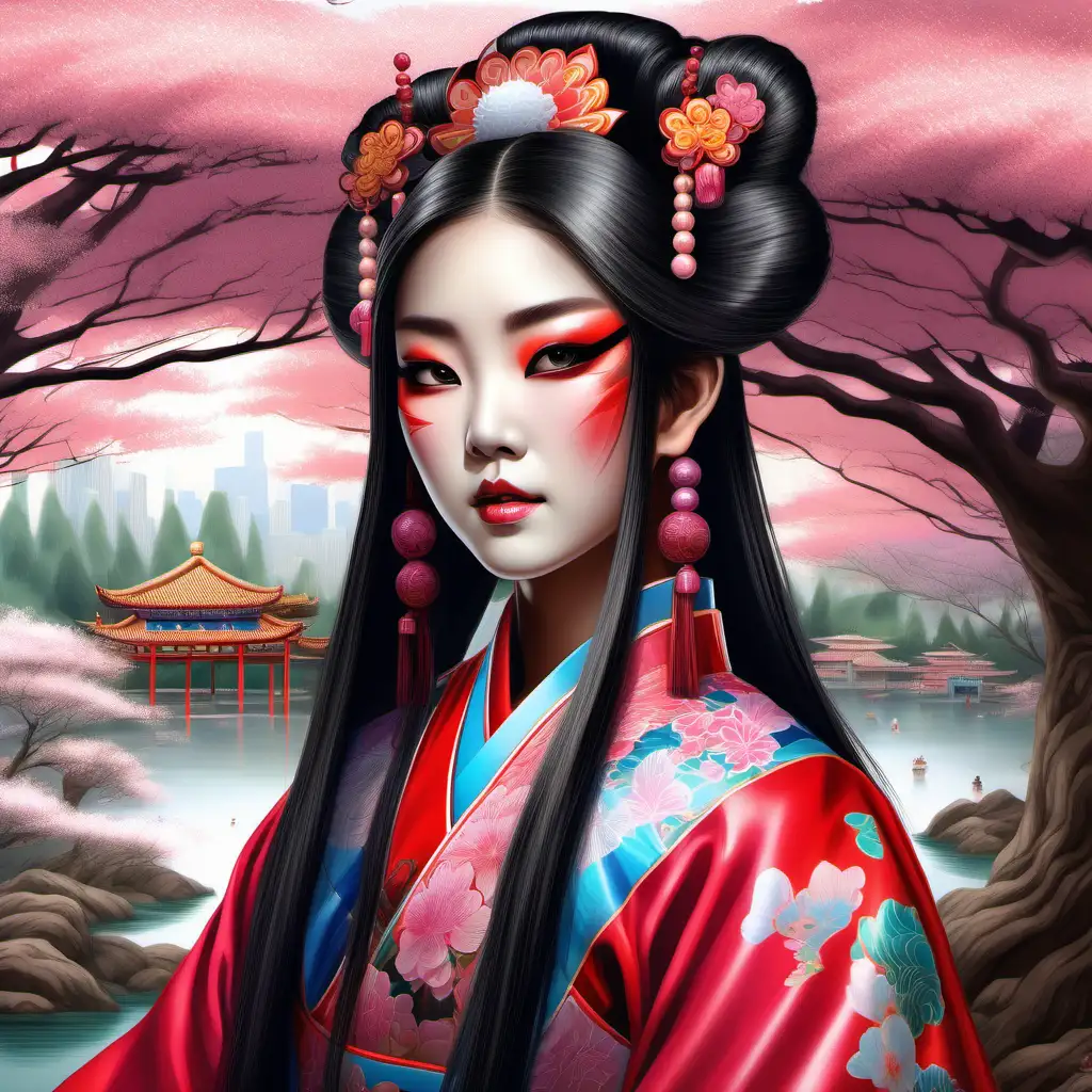 bright and vibrant shades, no gray. Highly detailed portrait of asian girl with long silky hair wearing elaborate Beijing Opera costume and makeup. Sakura trees and zen garden in background.