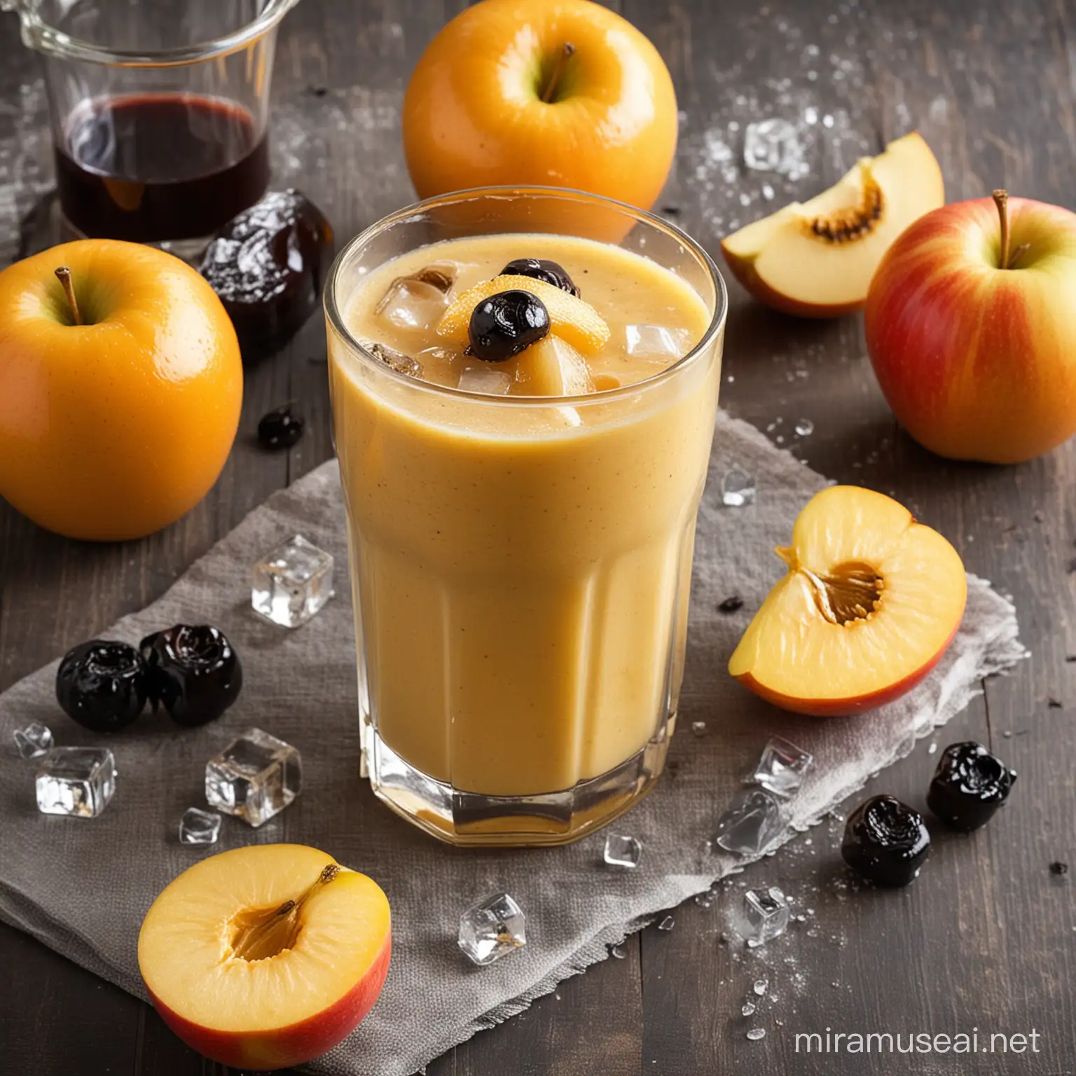 smoothie with apples, prunes, orange juice and ice cubes on top