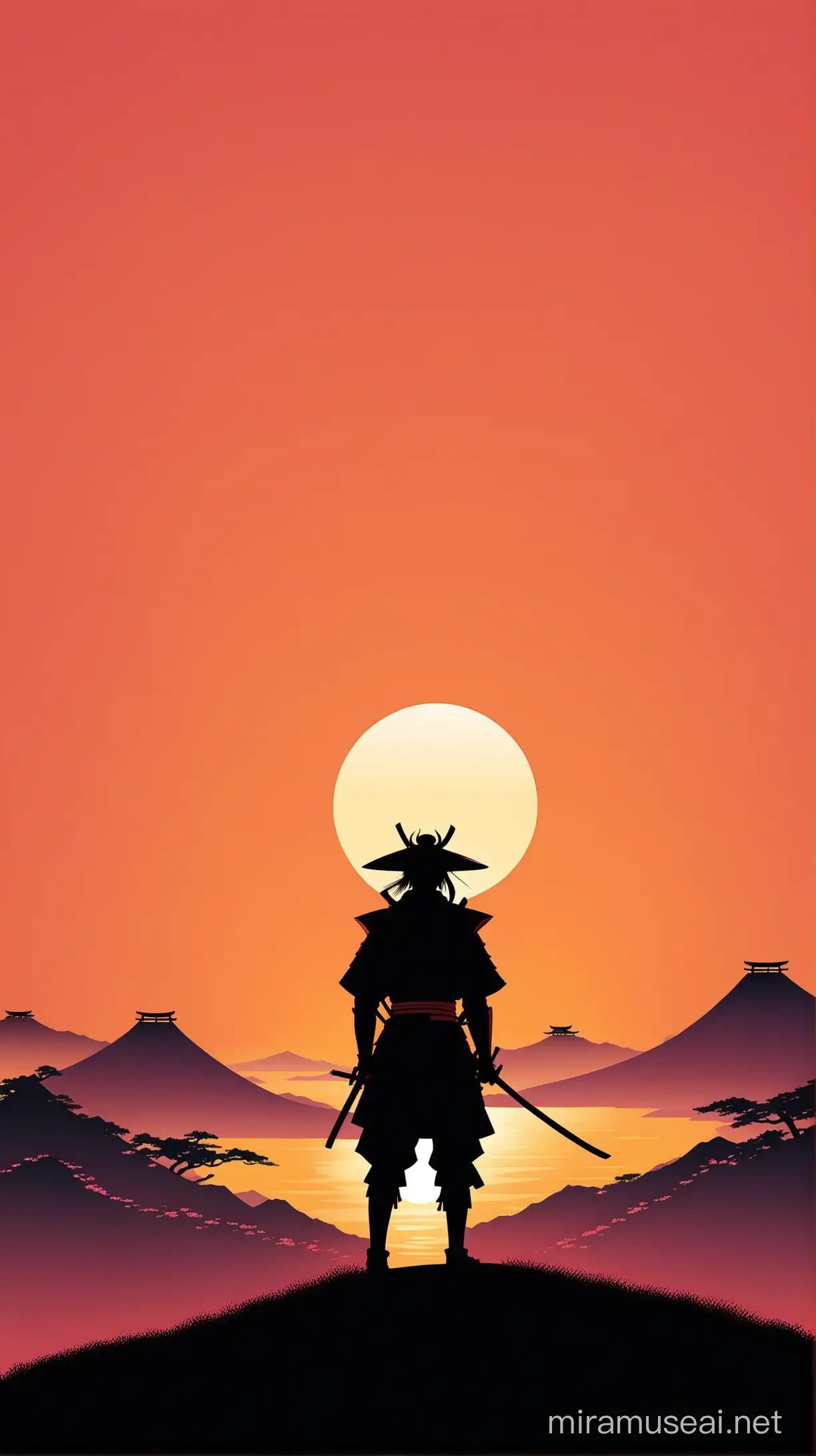 Minimalist Vector Illustration of Samurai Silhouette at Sunset in Japan