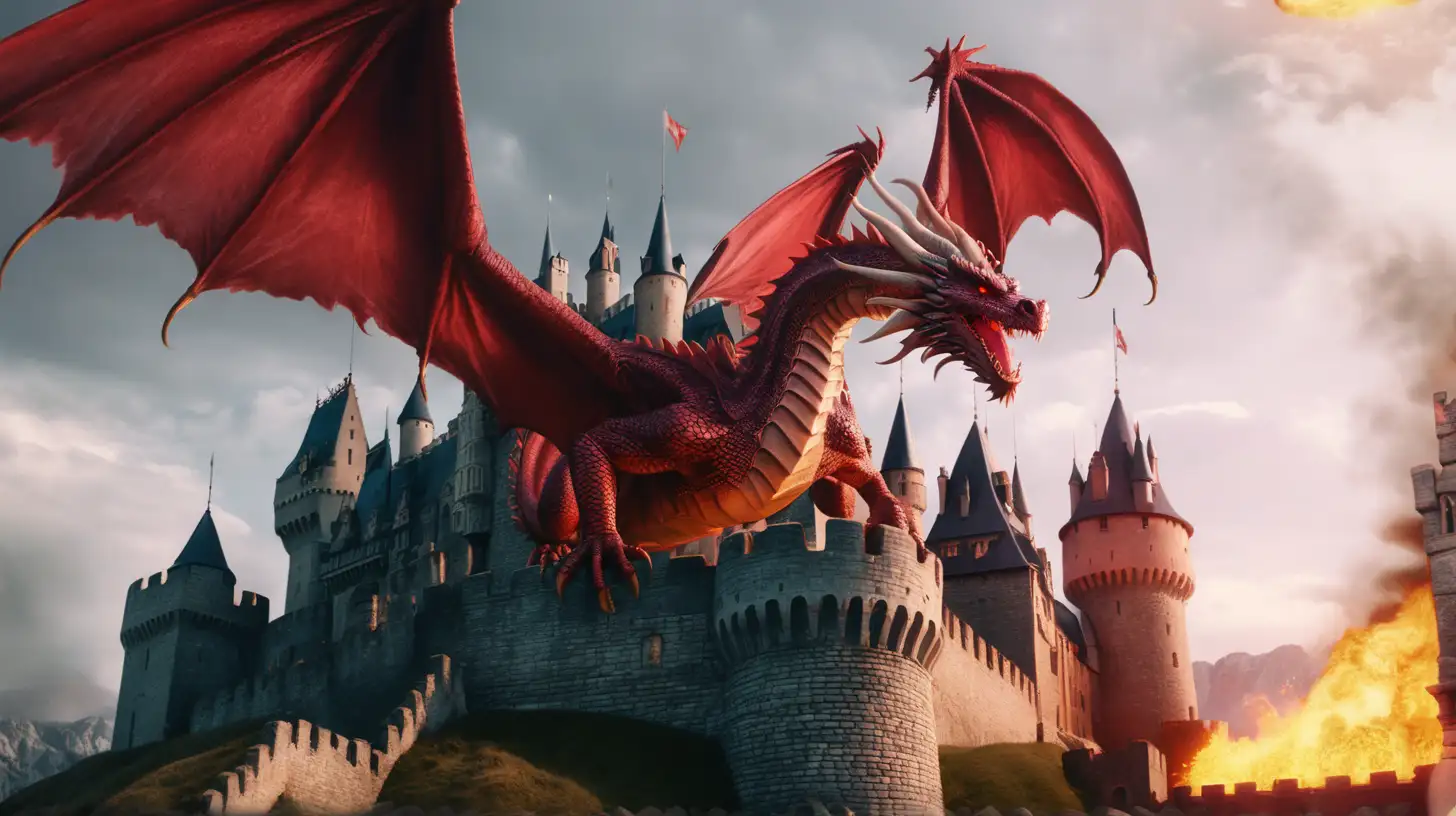 Majestic Red Dragon Soaring Over Castle in Fiery Confrontation