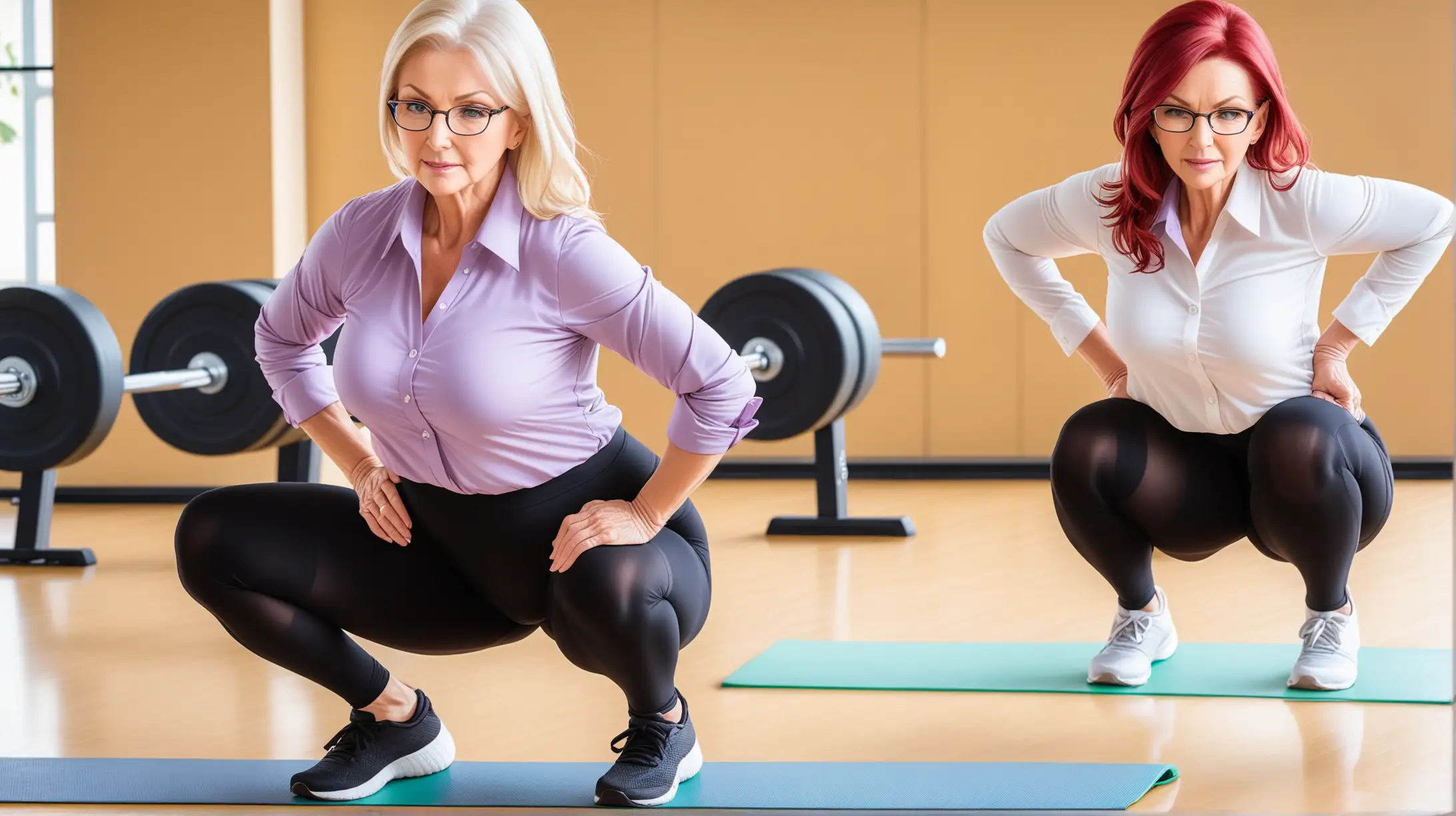 Mature, Blonde Woman, White Untucked Button Shirt, Black Tights, Hands on Hips, back Straight, squatting down to Exercise With a Mature, Red Haired Woman, Glasses, Purple untucked Button Down Shirt, Tight Black Leggings, back straight, squatting down in rhythmic exercise.