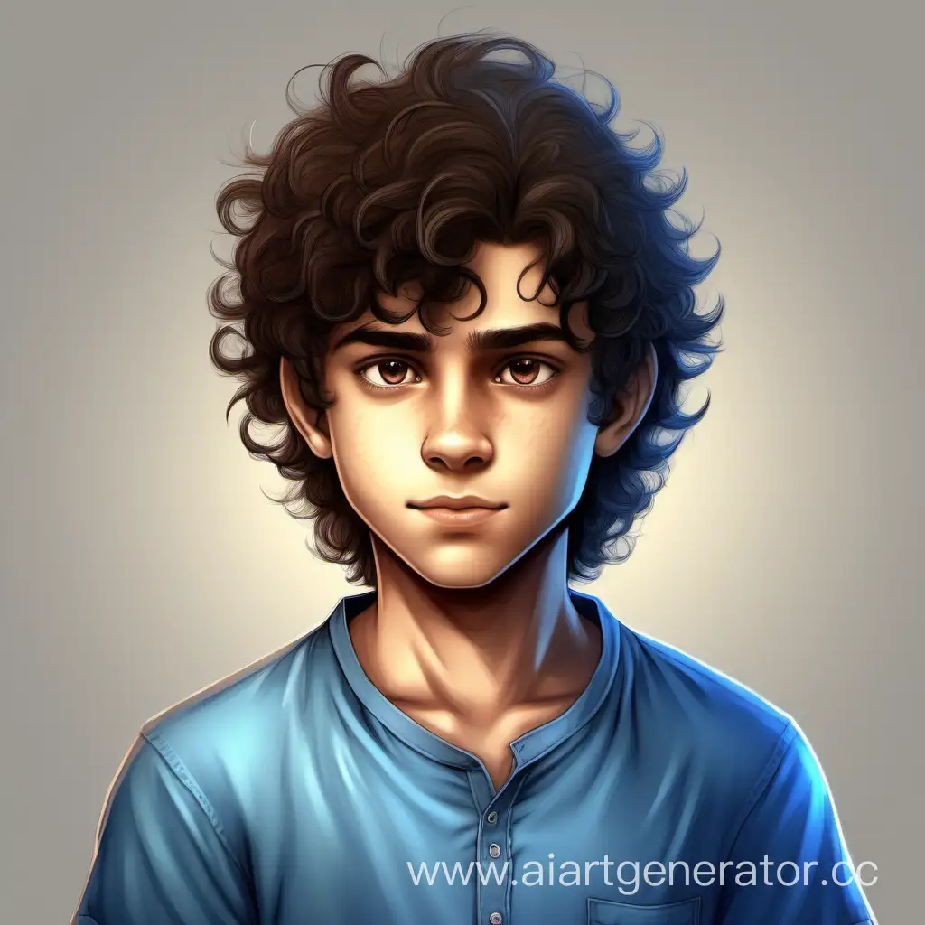 пушистый парень, с темными волосами, карими глазами, в голубой рубашке, курносый, стиль реализм, красивый, 14 лет