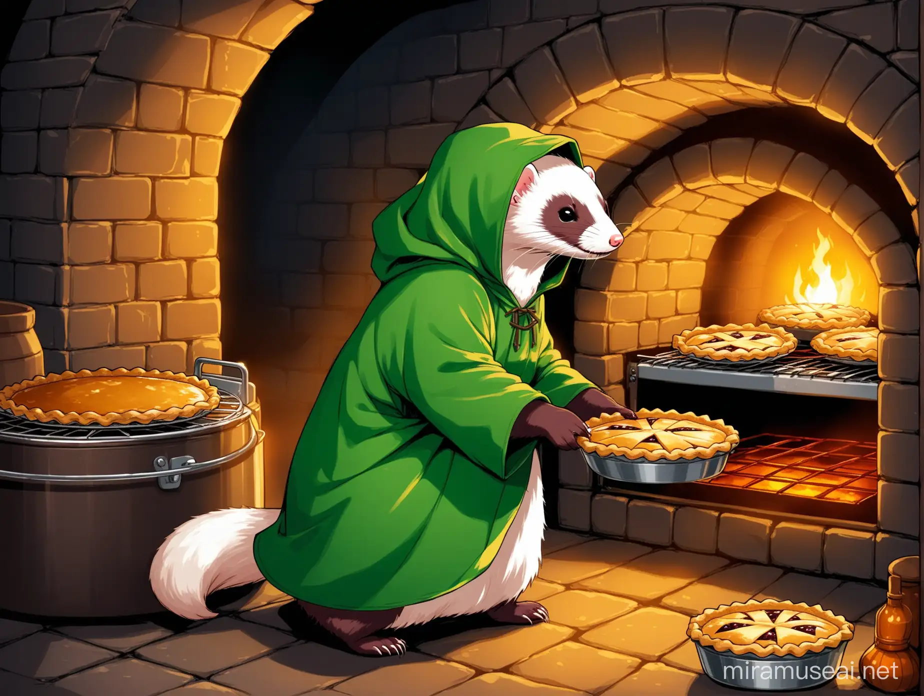 the happy ferret is dressed as a green hooded druid, and is removing a delicious pie from the hot oven in the dim dungeon larder