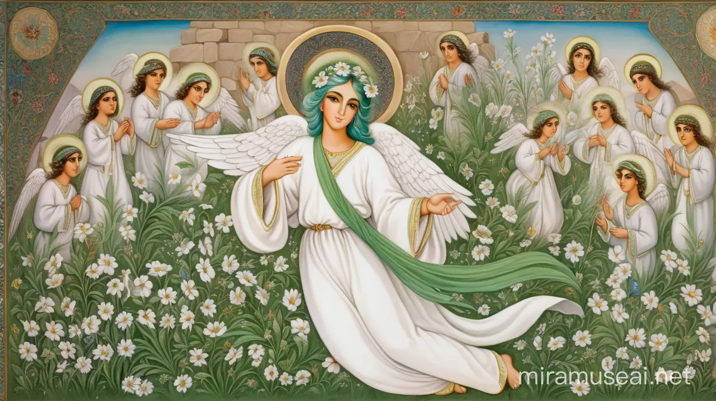 Nowruz celebration in the style of Iranian painting with the presence of a white angel in the corner of the picture, whose hair covers half of the frame and green flowers are on her hair.