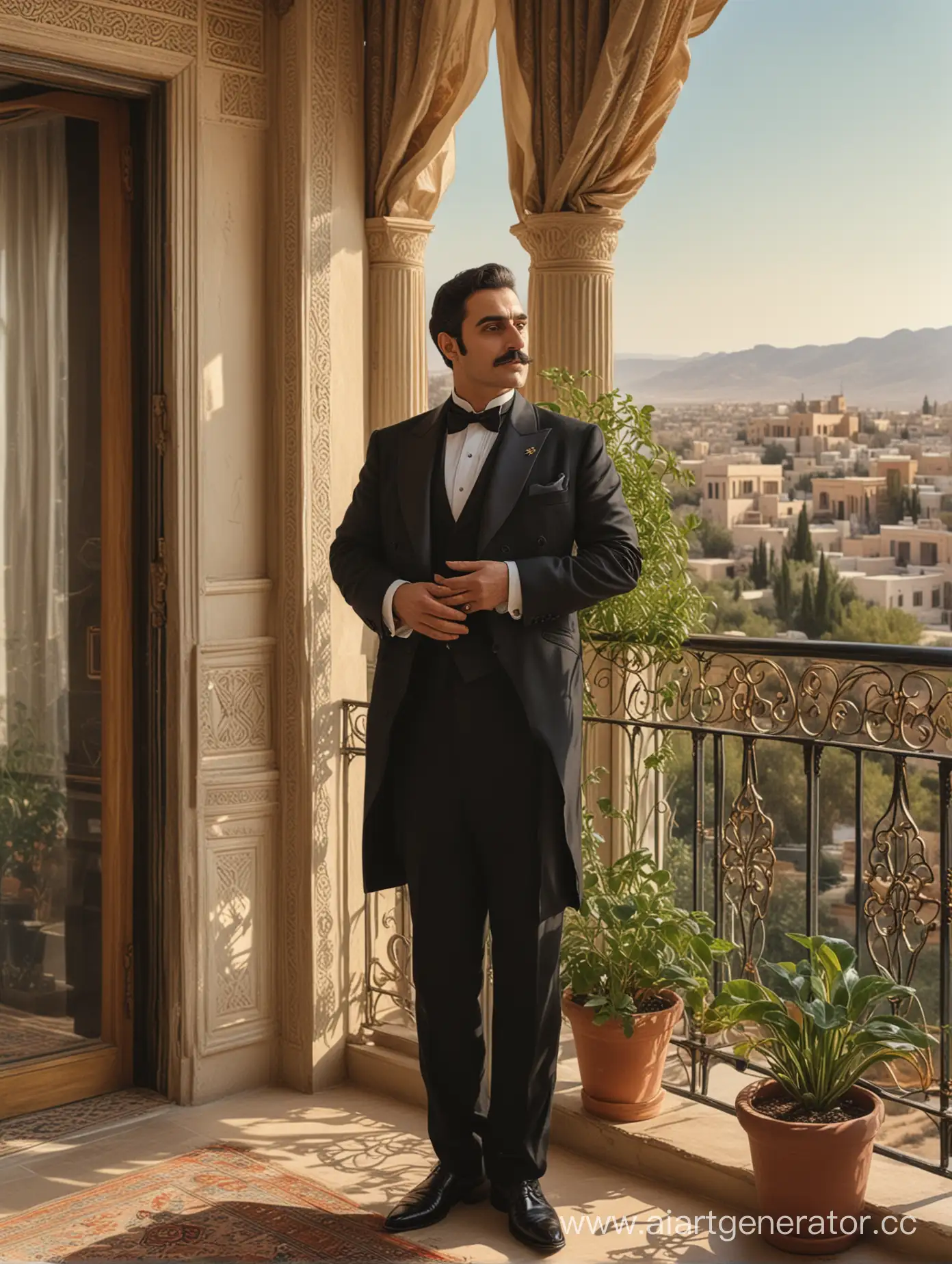 a man His smooth, standing on the balcony of his luxurious home  in a tuxedo looking off into the distance with a plant in the background in a room, Chafik Charobim, qajar art, promotional image, a character portrait