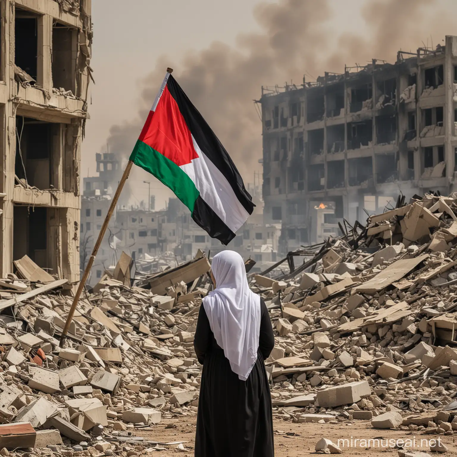 Fofo perempuan asal palestina dengan pakaian muslim,sedang tertunduk lemas dengan tangan memegang bendera palestina,dengan wajah bersedih dan menghadap pandangan,
Latar reruntuhan bangunan yang hancur
Efek puing puing bangunan,dan ada api di mana mana