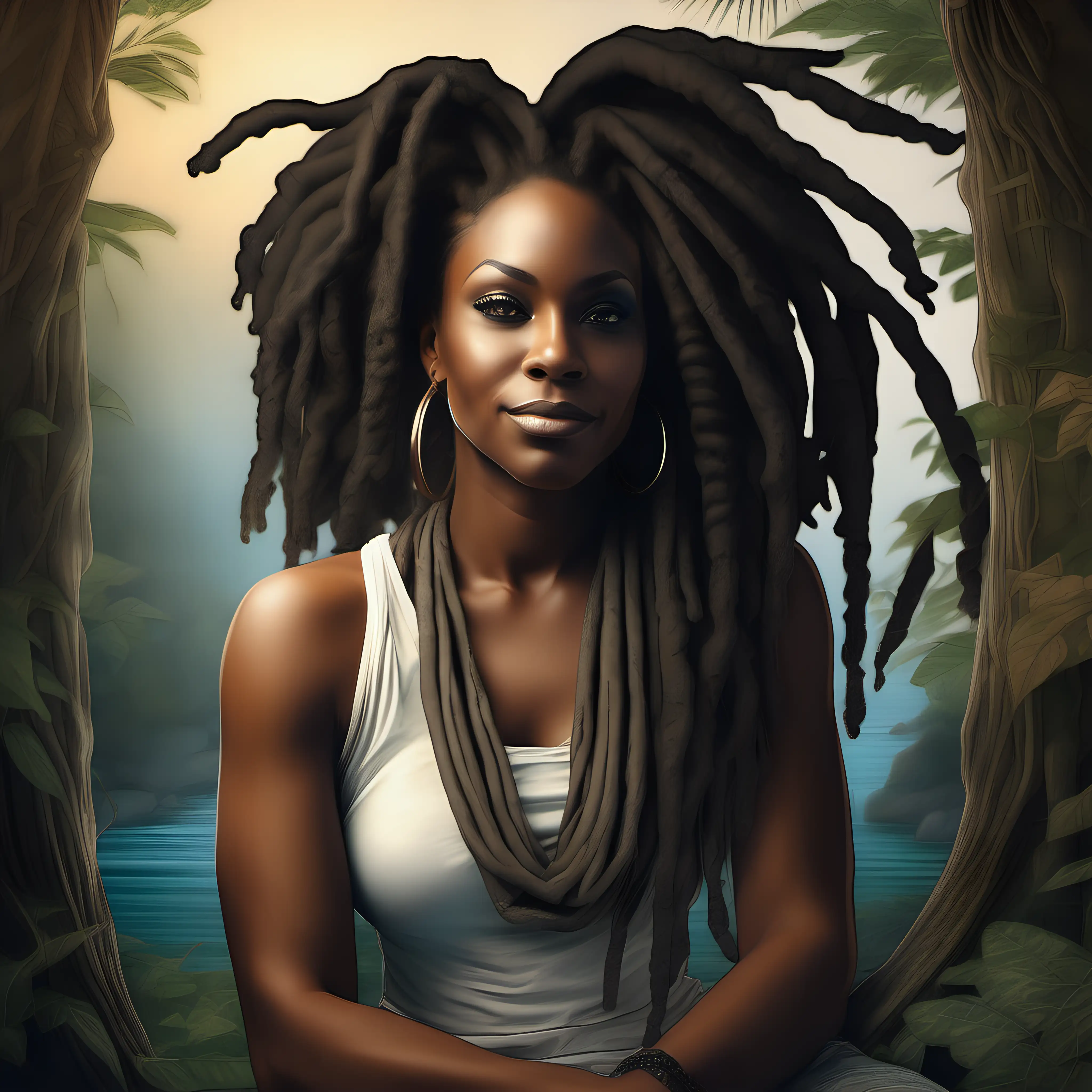 "Capture the essence of a serene moment in the life of a confident Black woman, aged 30-45, as she unwinds and finds tranquility in her surroundings. Highlight the beauty of her dreadlocks and the grace with which she embraces relaxation. Consider the setting, emotions, and details that reflect a peaceful and empowering scene."
