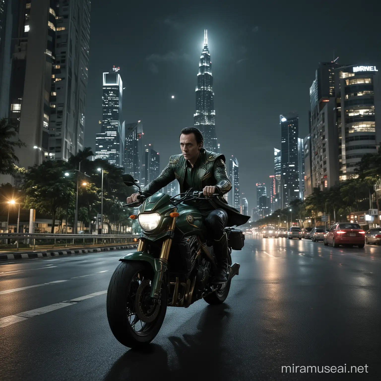 give me realistic image of loki laufeyson from marvel cinematic universe. in this picture he's riding a motorbike in jakarta road in the night. he ride a bike with tall building around them and there is a crescent moont behind. there is a busway transjakarta on the road and also mrt. he is enjoy the view of jakarta. the image is centering with the camera slightly upwards.