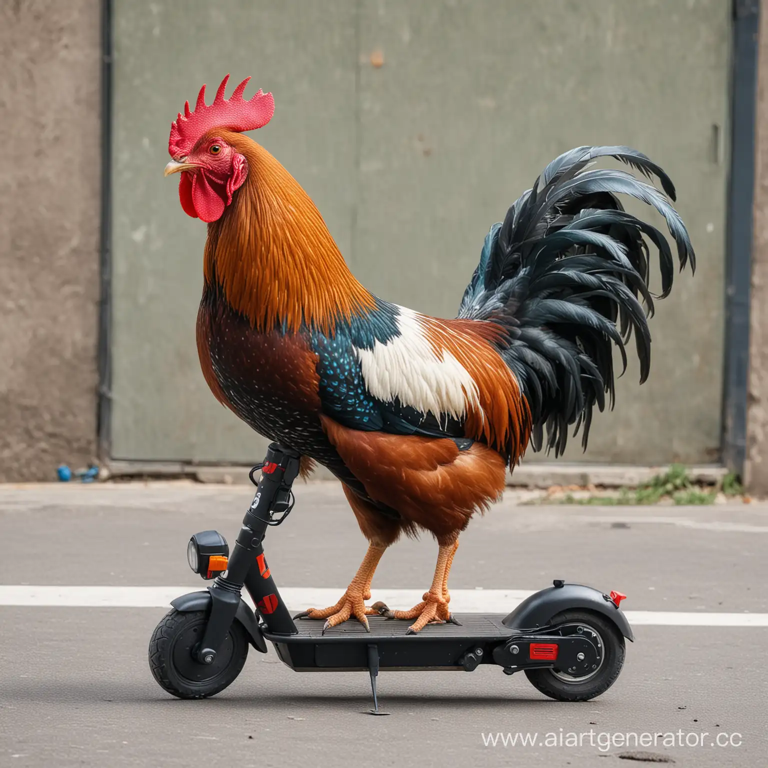 Rooster-Riding-Electric-Scooter-Playful-Bird-Transportation-in-Urban-Setting