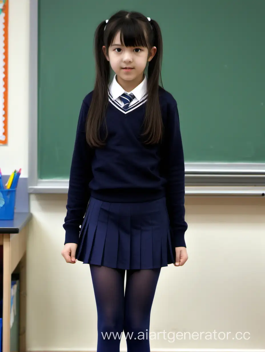 A Kid, long hair, navy_blue_opaque_tights, mini_school_skirt, sport_shoes, petite_bodies, classroom, crop, europan