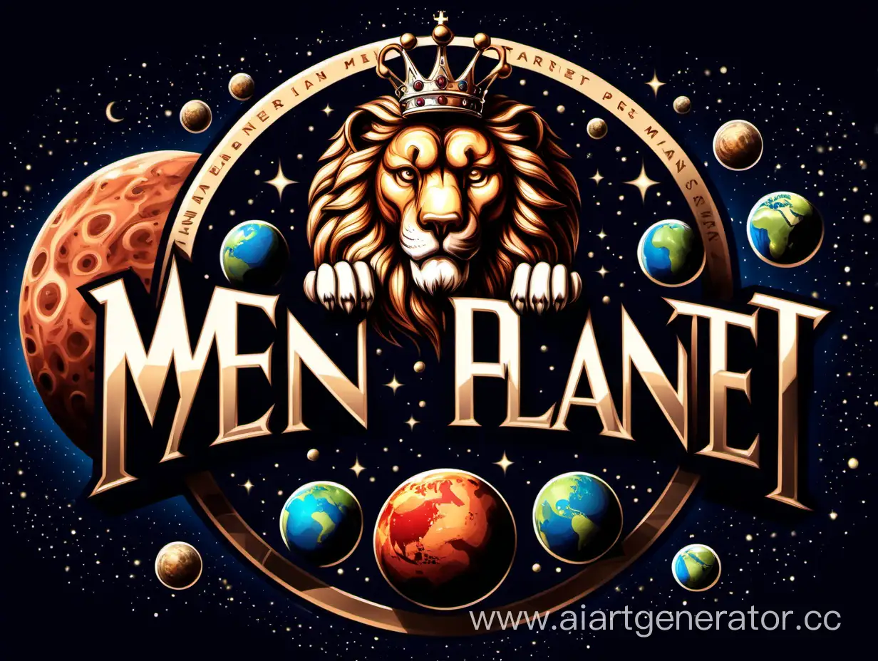 Логотип с надписью men planet выполненный в роскошном стиле украшенный львами и короной а внизу располагается планет Марс 