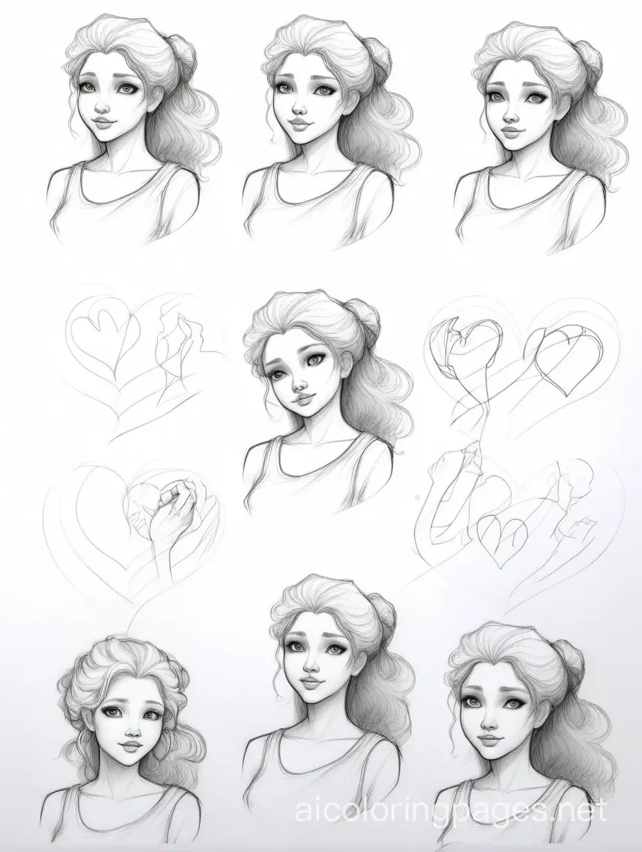 SOFT LIGHT HEART AND LINED PAPER, SKETCH, SKETCHY PENCIL DRAWINGS, WATERCOLOR, CHARACTER STUDY, HAIR UP AND DOWN, MULTIPLE POSES, FULL BODY, HALF BODY, QUARTER BODY, ARMS IN POSES, GODDESS CAMENAE, ANNOTATIONS, Coloring Page, black and white, line art, white background, Simplicity, Ample White Space. The background of the coloring page is plain white to make it easy for young children to color within the lines. The outlines of all the subjects are easy to distinguish, making it simple for kids to color without too much difficulty