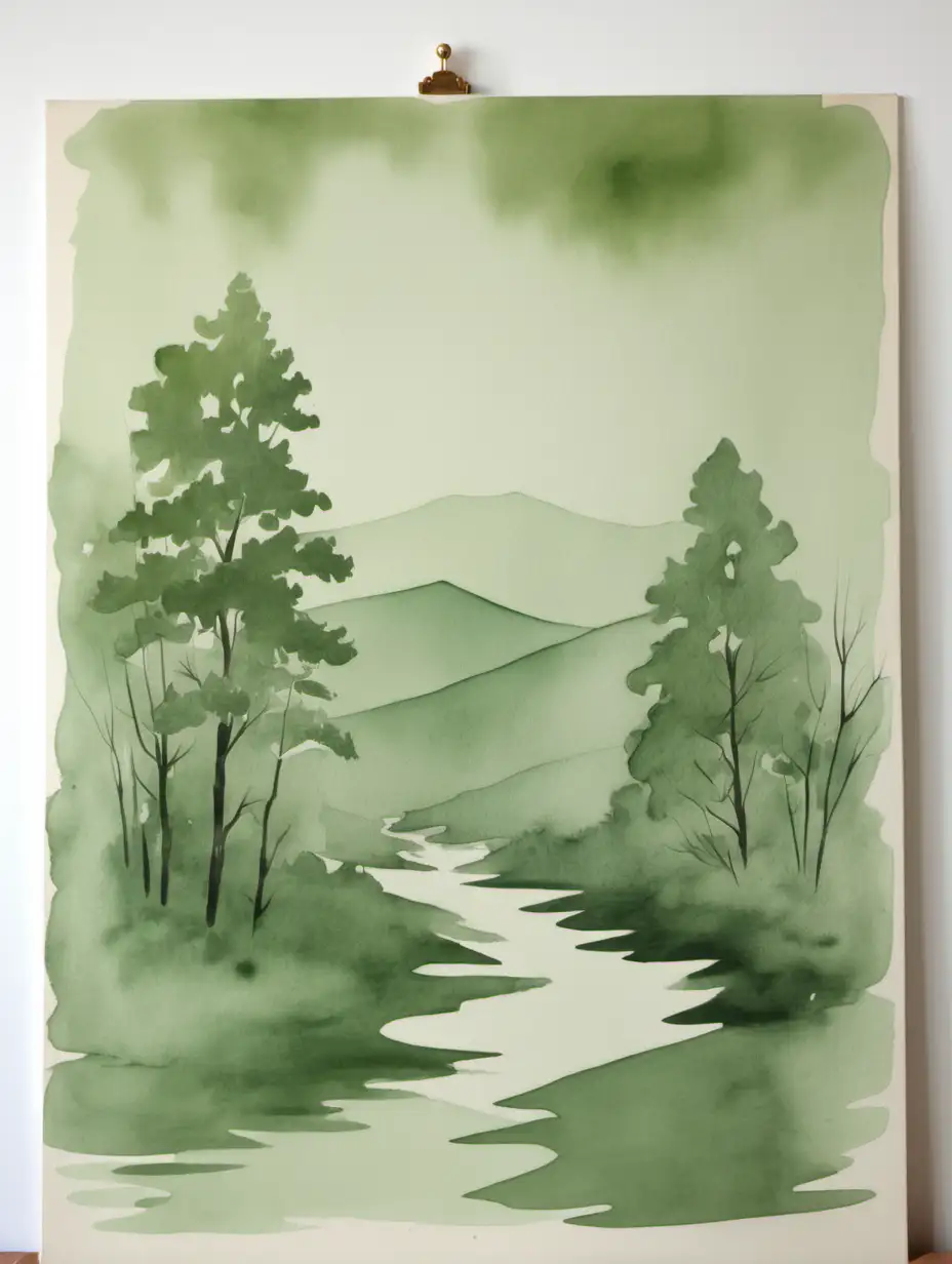 Mid century sage green watercolor painting without frame 