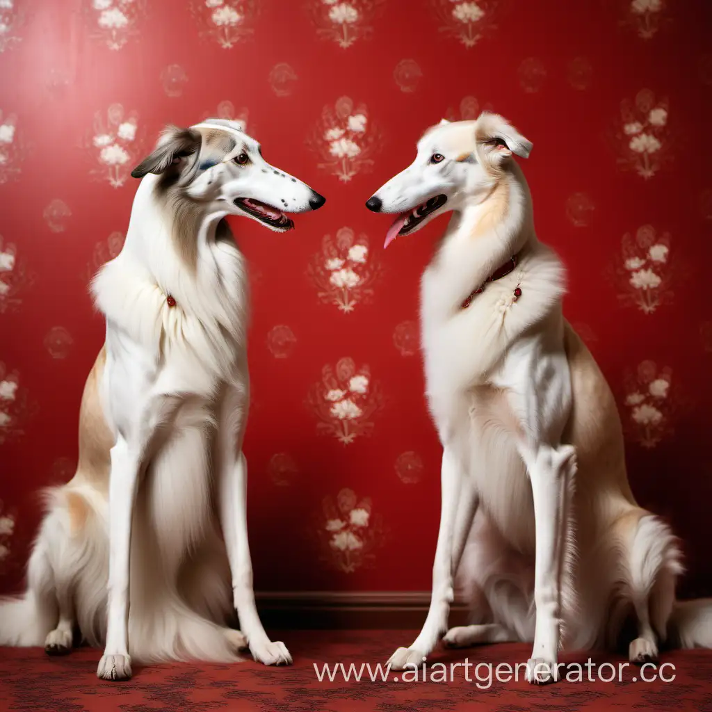 две  Русской борзой собаки гладкая белая смотрят друг на друга , на фоне старых красных обоев , вид сбоку