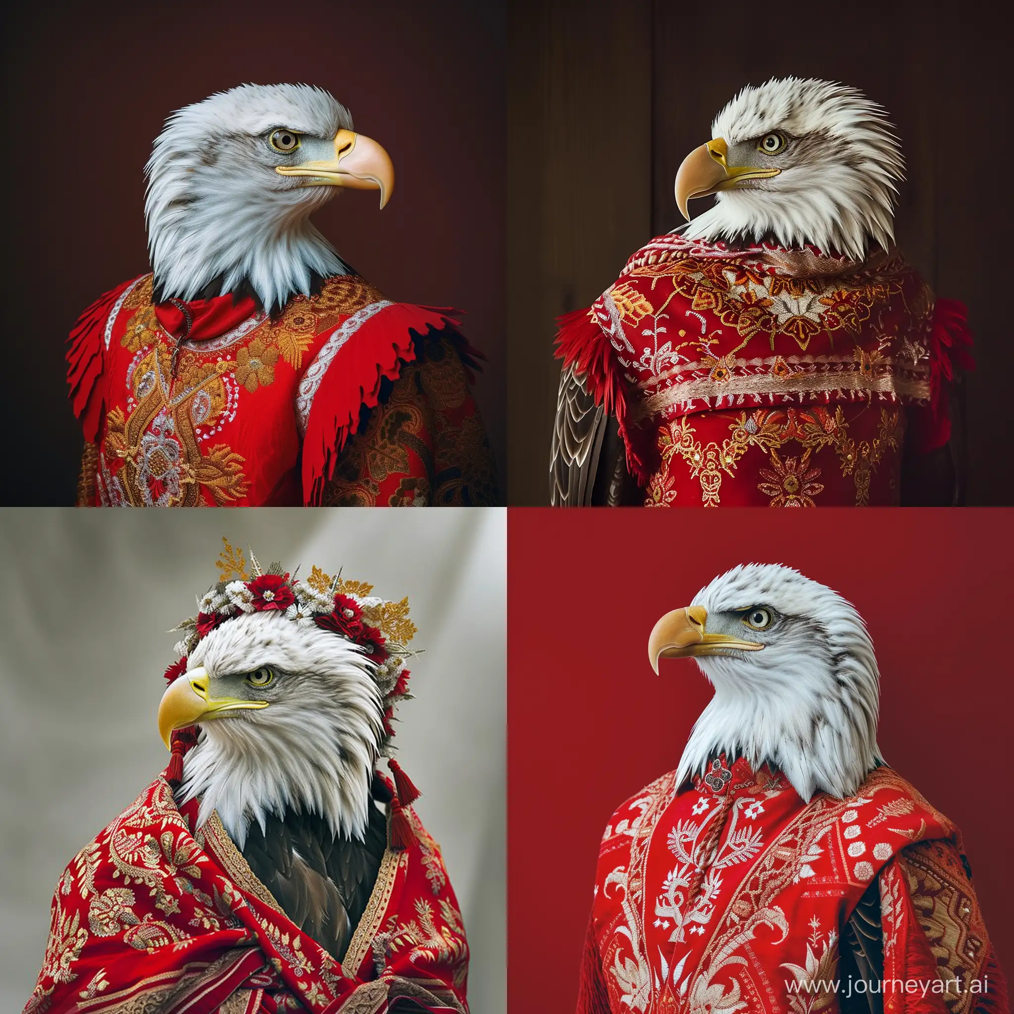 An American bald eagle dressed in Slavic national clothes of red and white colors