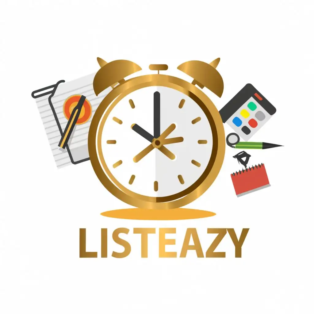 logo, golden clock, notes , task, with the text "ListEazy", typography, be used in Events industry