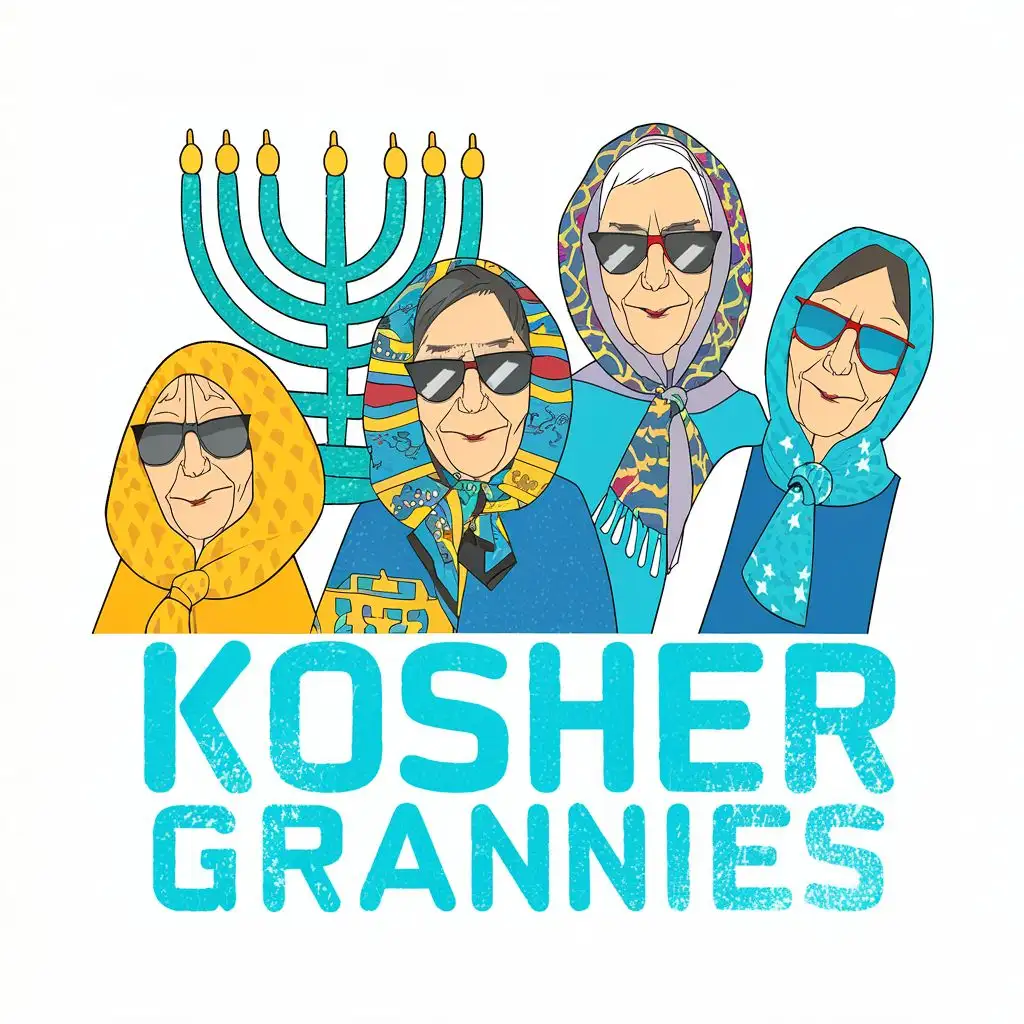 logo, Israel, yellow, blue, white,  4 Jewish old shlchool grannies with sunglasses Israeli colorful traditional jewish headscarves, 7 branches Menorah, Paul Klee, with the text "Kosher Grannies", typography, be used in Automotive industry