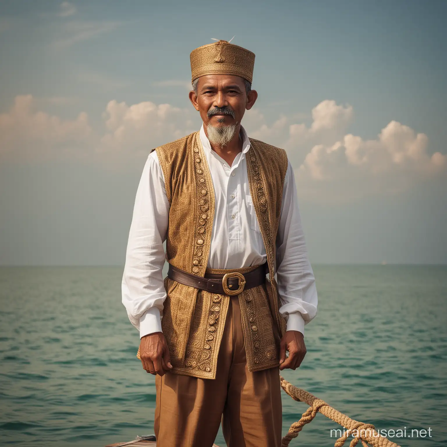 Make a classical Malay sea captain, male, wearing in classical Malay style, travel abroad the sea, specifically Malaysian who is wearing tengolok and baju Melayu with his ship with him