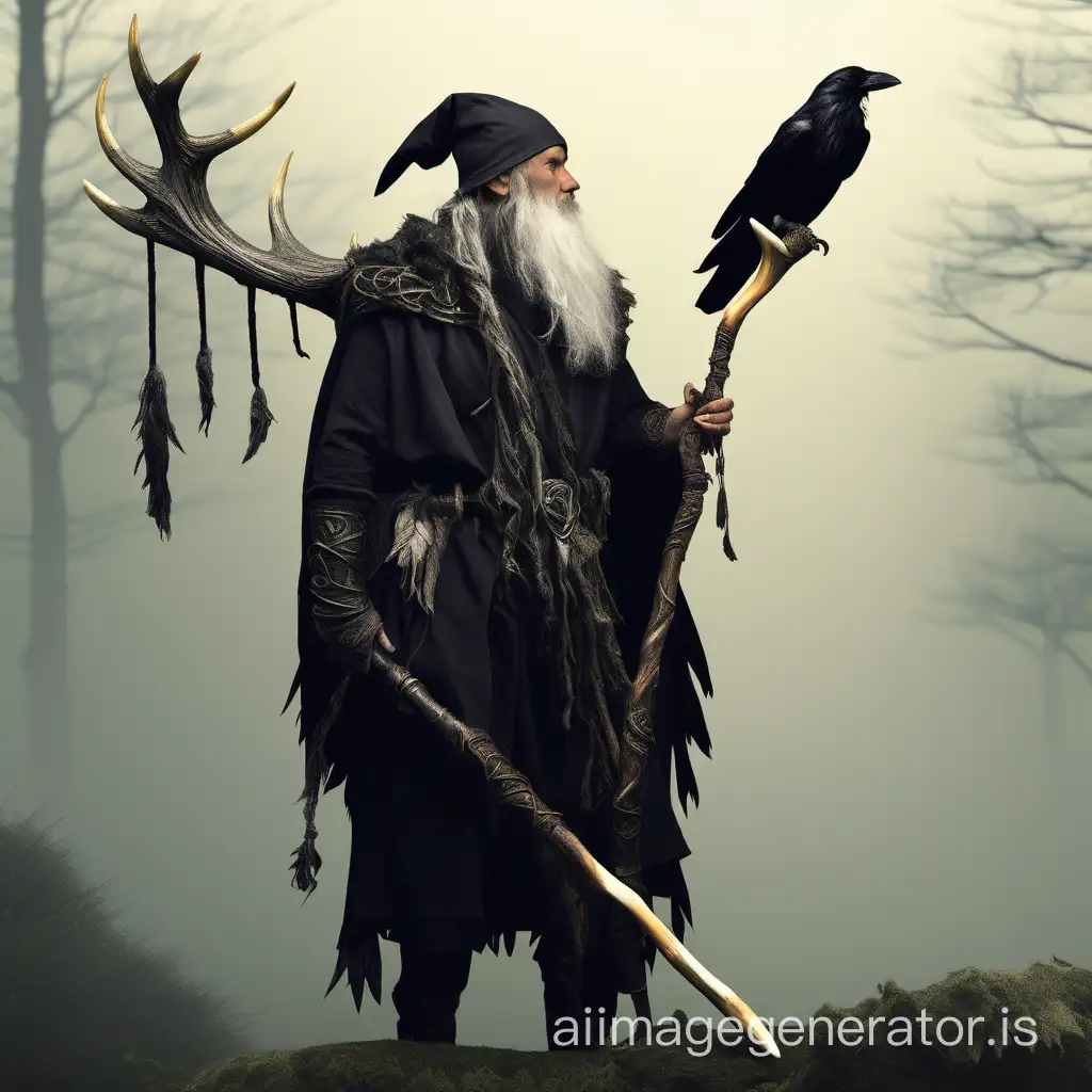 fantasy druid antler black long beard two handed staff raven on shoulder