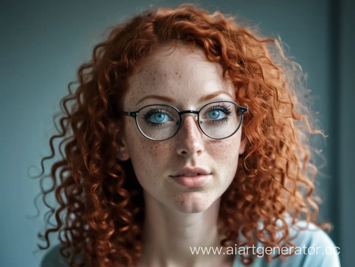 Girl, thirty years old. Long face. Red curly hair, thin lips, freckles, petite nose, small ears, piercings, pierced nose, clear glasses, light blue eyes. Black eyeliner.