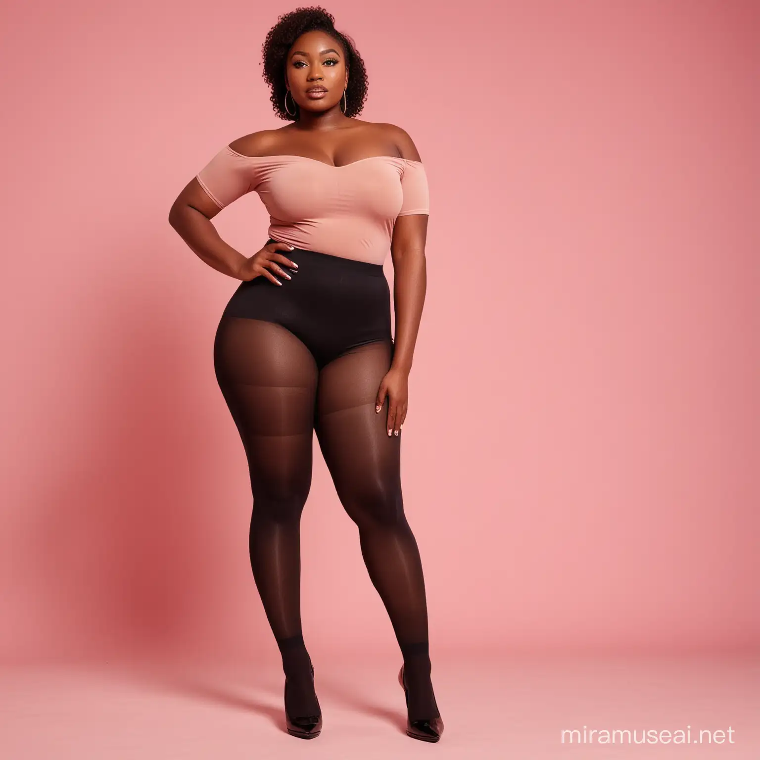 Plussize Nigerian Model in Black Pantyhose Tights on Pink Background